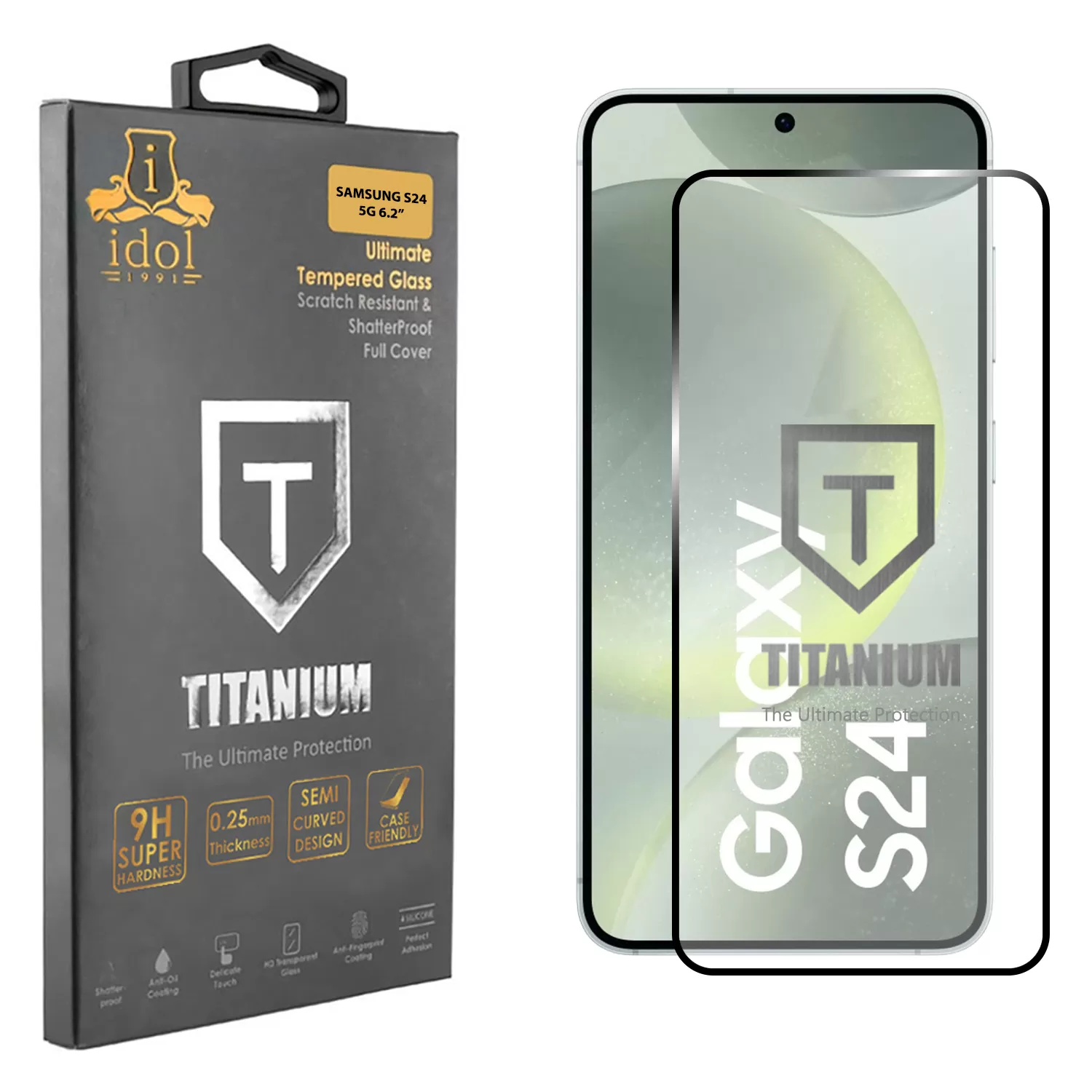 IDOL 1991 TITANIUM TEMPERED GLASS SAMSUNG S24 5G 6.2in 9H 0.2mm SEMI CURVED FINGER UNLOCK FULL GLUE ULTRA THIN BLACK
