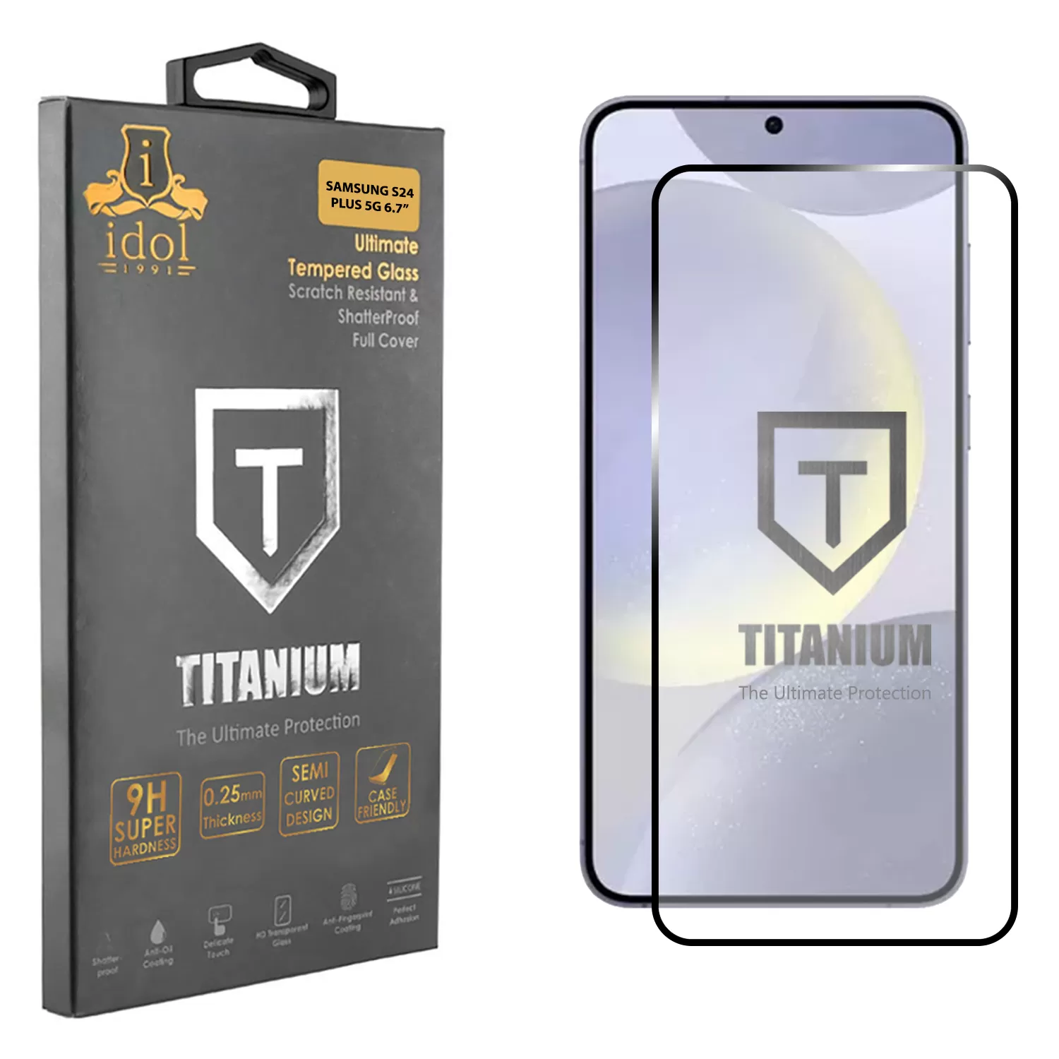 IDOL 1991 TITANIUM TEMPERED GLASS SAMSUNG S24 PLUS 5G 6.7in 9H 0.2mm SEMI CURVED FINGER UNLOCK FULL GLUE ULTRA THIN BLACK