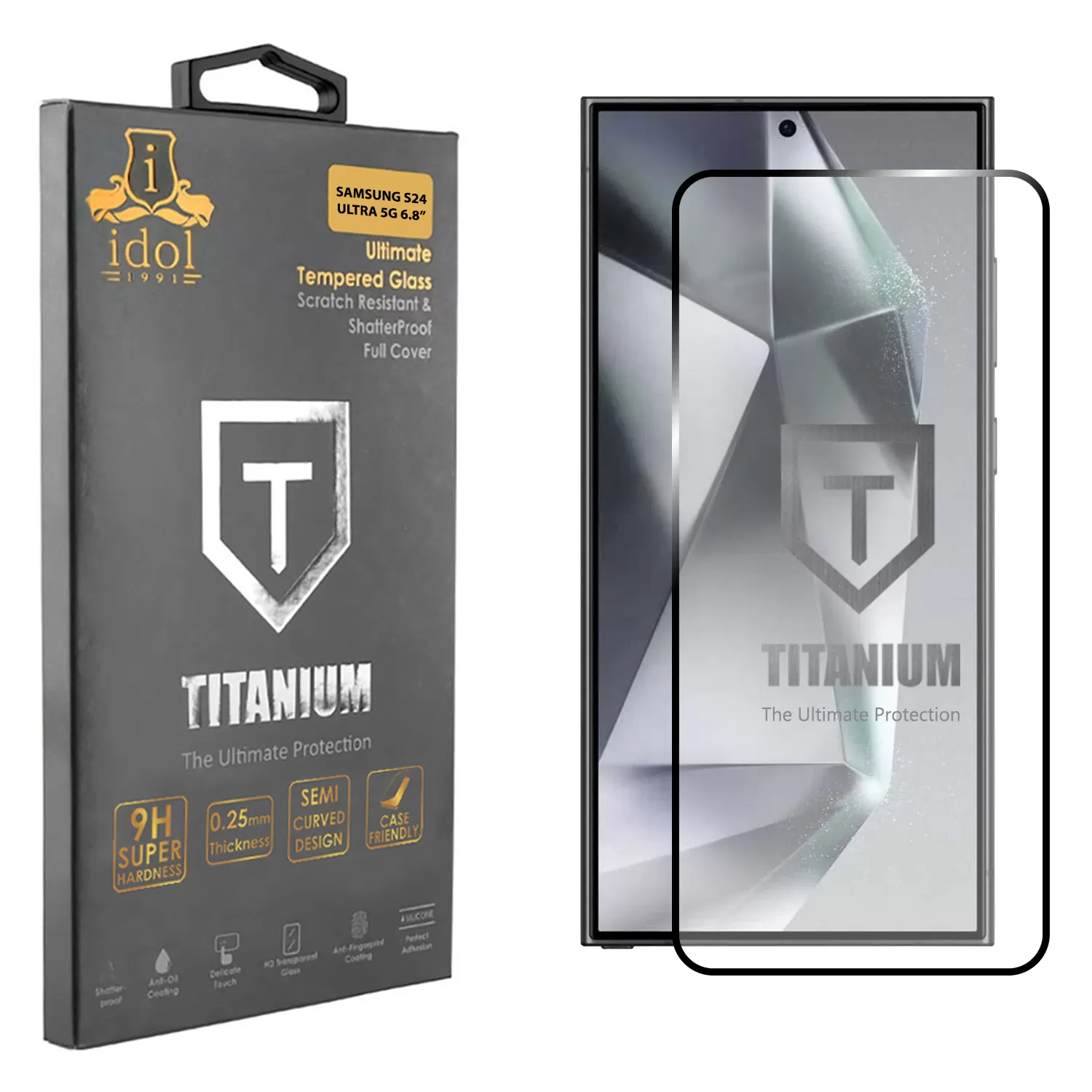 IDOL 1991 TITANIUM TEMPERED GLASS SAMSUNG S24 ULTRA 5G 6.8in 9H 0.2mm SEMI CURVED FINGER UNLOCK FULL GLUE ULTRA THIN BLACK