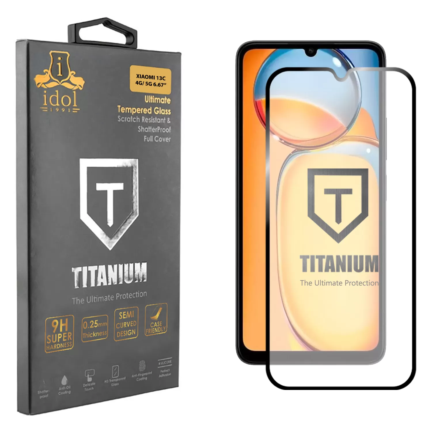 IDOL 1991 TITANIUM TEMPERED GLASS XIAOMI REDMI 13C 4G/5G 6.74in 9H 0.25mm SEMI CURVED FULL GLUE BLACK