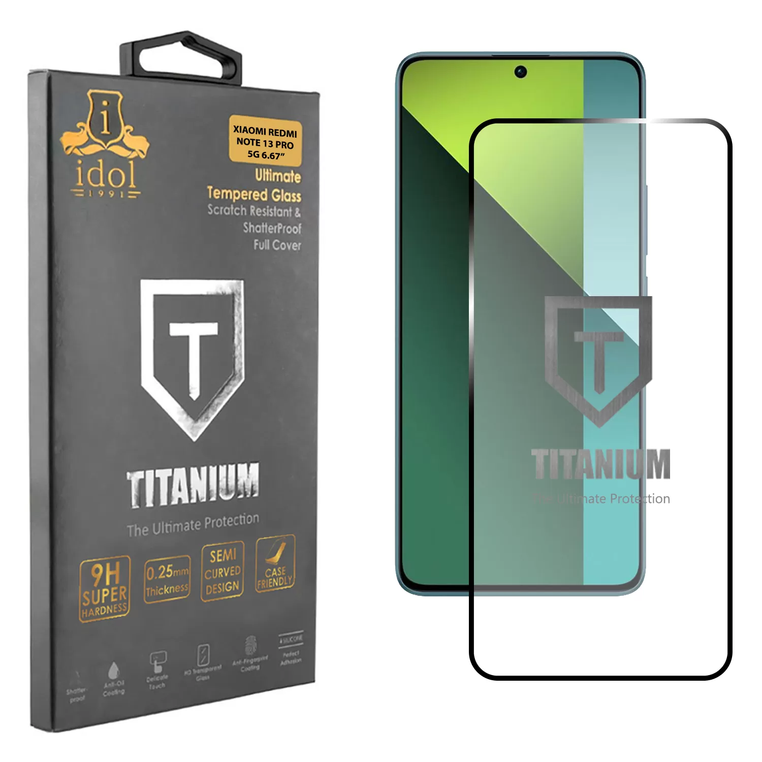 IDOL 1991 TITANIUM TEMPERED GLASS XIAOMI REDMI NOTE 13 PRO 5G 9H 0.25mm SEMI CURVED FINGER UNLOCK FULL GLUE BLACK
