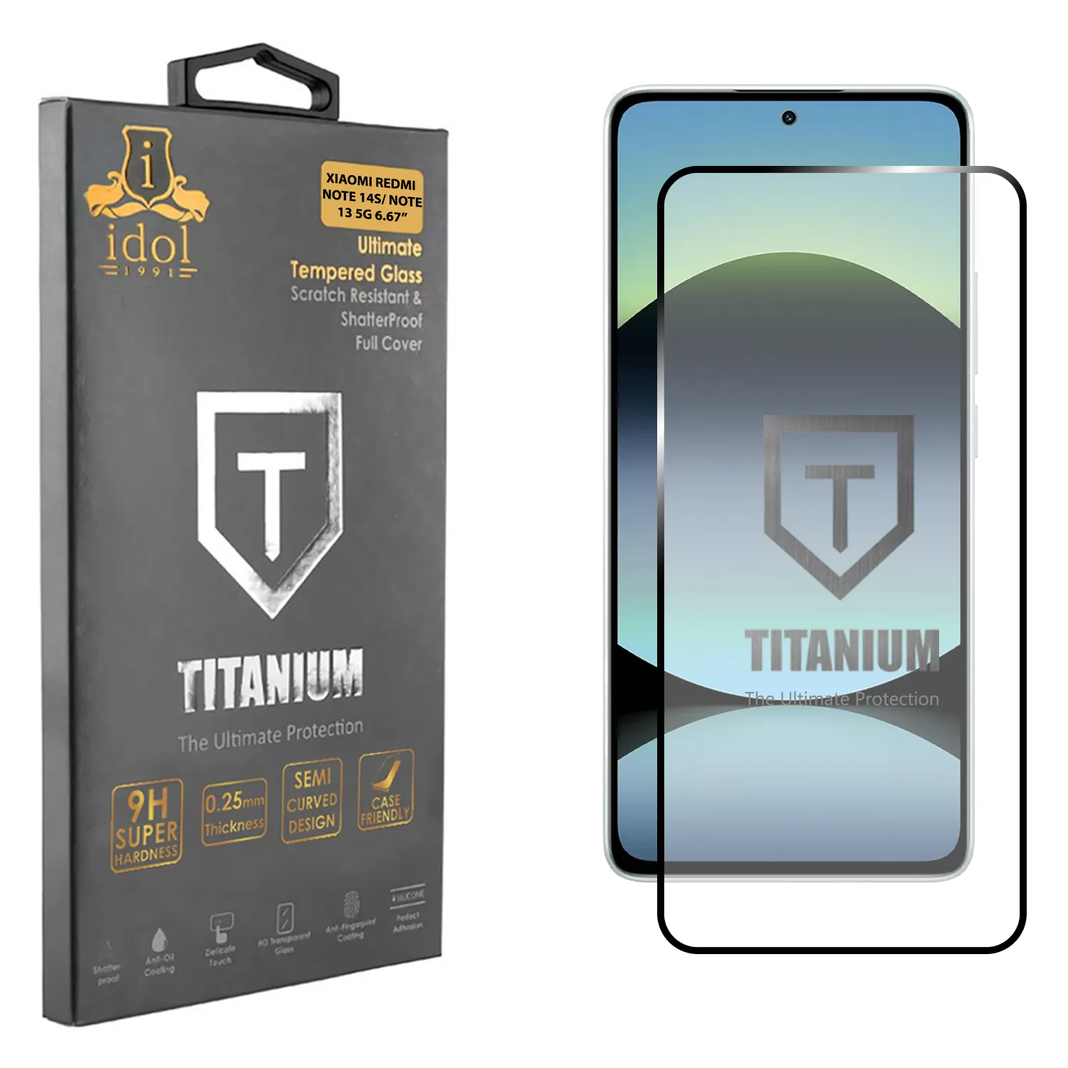 IDOL 1991 TITANIUM TEMPERED GLASS XIAOMI REDMI NOTE 14S/REDMI NOTE 13 5G 6.67in 9H 0.25mm SEMI CURVED FULL GLUE BLACK