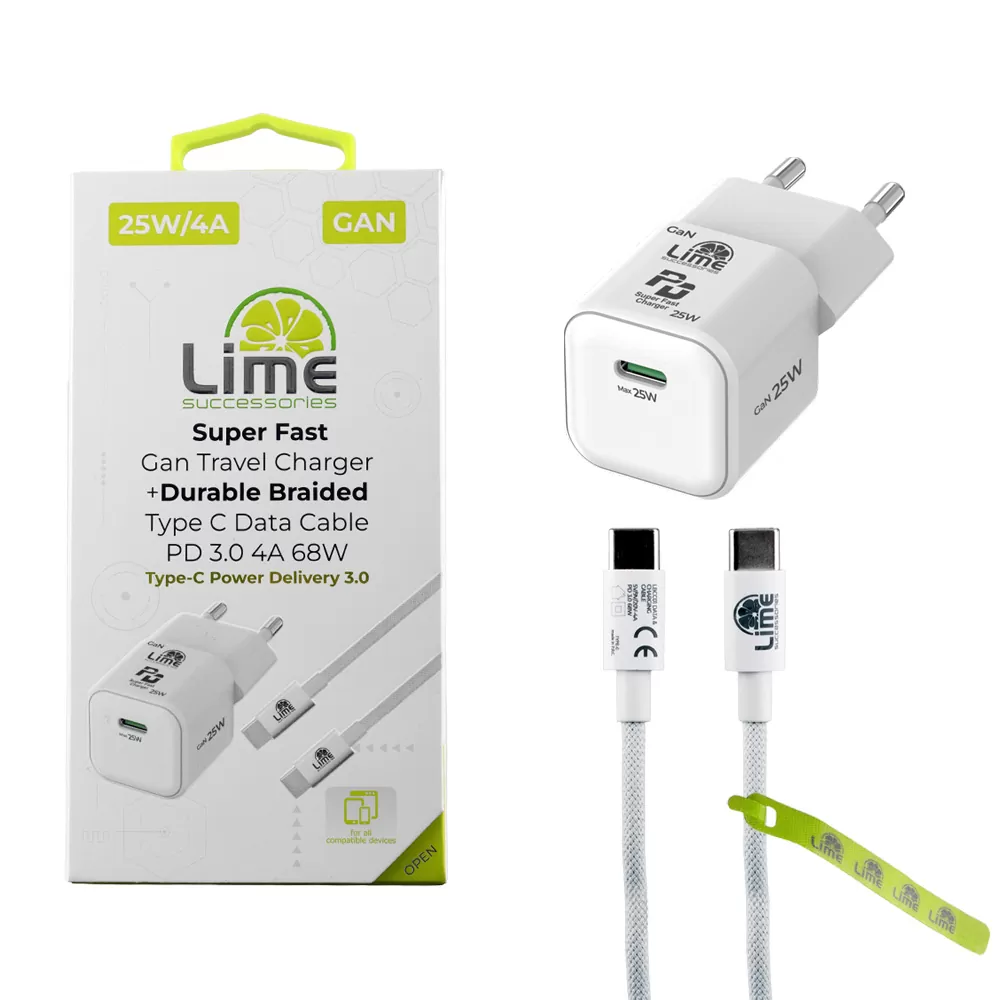 LIME USB-C MINI GAN PD 3.0 SUPER FAST TRAVEL LGC25W 5V 4.0A/ 9V 2.77A 25W+ BRAIDED ΦΟΡΤΙΣΗΣ-DATA LBCC01 USB-C TO USB-C 68W