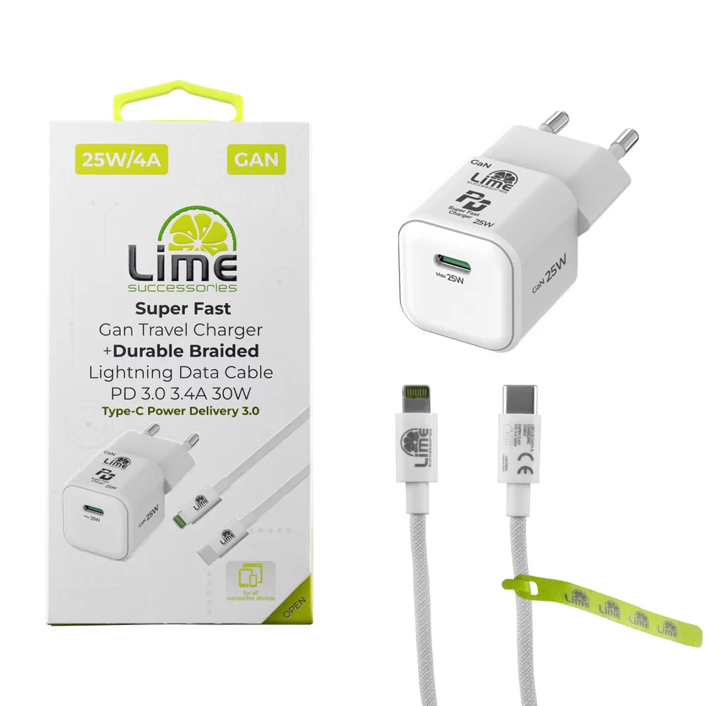 LIME USB-C MINI GAN PD 3.0 SUPER FAST TRAVEL LGC25W 5V 4.0A/ 9V 2.77A 25W+ BRAIDED ΦΟΡΤΙΣΗΣ-DATA LBCL01 USB-C TO LIGHTNING 30