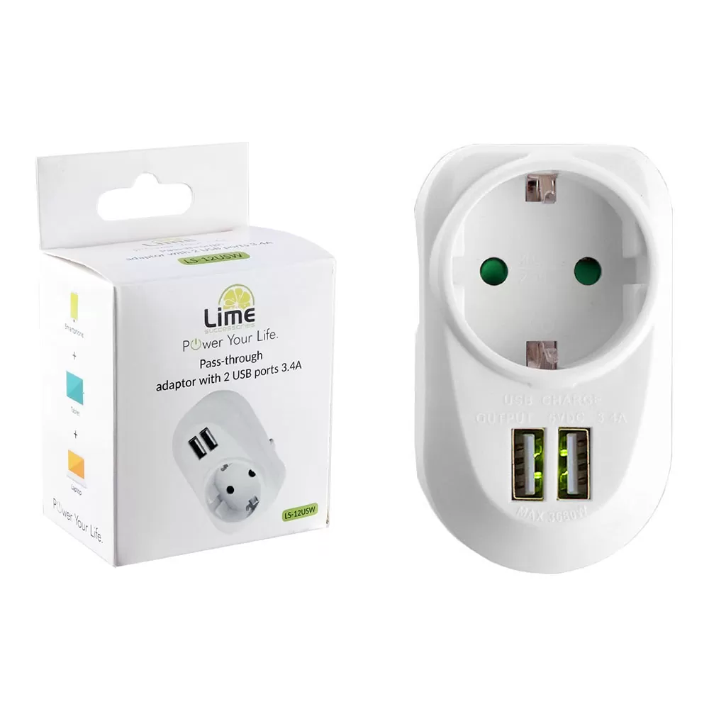 LIME ΑΝΤΑΠΤΟΡΑΣ ΣΟΥΚΟ LS-12USW 16A ΜΕ 2 USB ΘΥΡΕΣ 3.4A ΜΕ ΠΑΙΔΙΚΗ ΠΡΟΣΤΑΣΙΑ/ΓΕΙΩΣΗ ΚΑΙ ΥΠΕΡΤΑΣΗΣ ΣΤΙΣ 2 ΘΥΡΕΣ USB ΑΣΠΡΟ