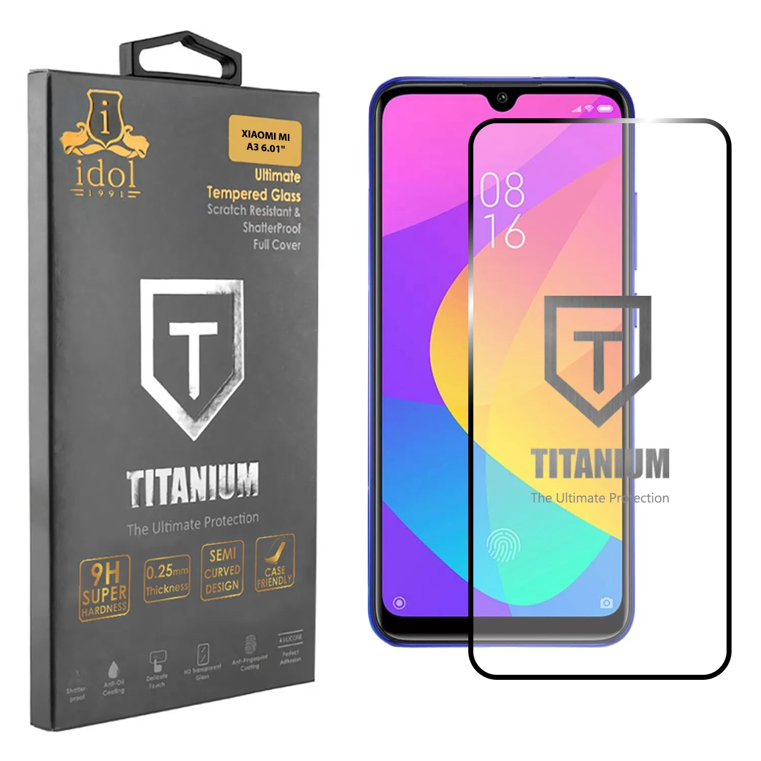 IDOL 1991 TITANIUM TEMPERED GLASS XIAOMI MI A3 6.01in 9H 0.25mm  SEMI CURVED FULL GLUE BLACK