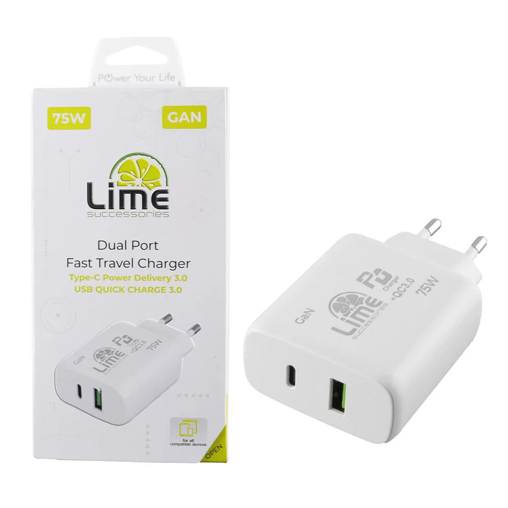 LIME USB-C GAN PD 3.0 DUAL SUPER FAST TRAVEL LTC75W 4.0A PD 54W + USB-A QC 3.0 21W TOTAL 75W WHITE