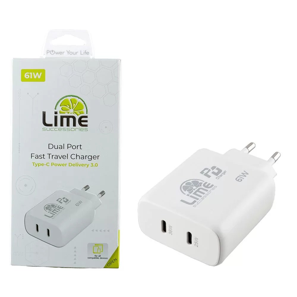 LIME USB-C PD 3.0 DUAL SUPER FAST TRAVEL LTC61W 4.0A 36W +USB-C 25W TOTAL 61W WHITE