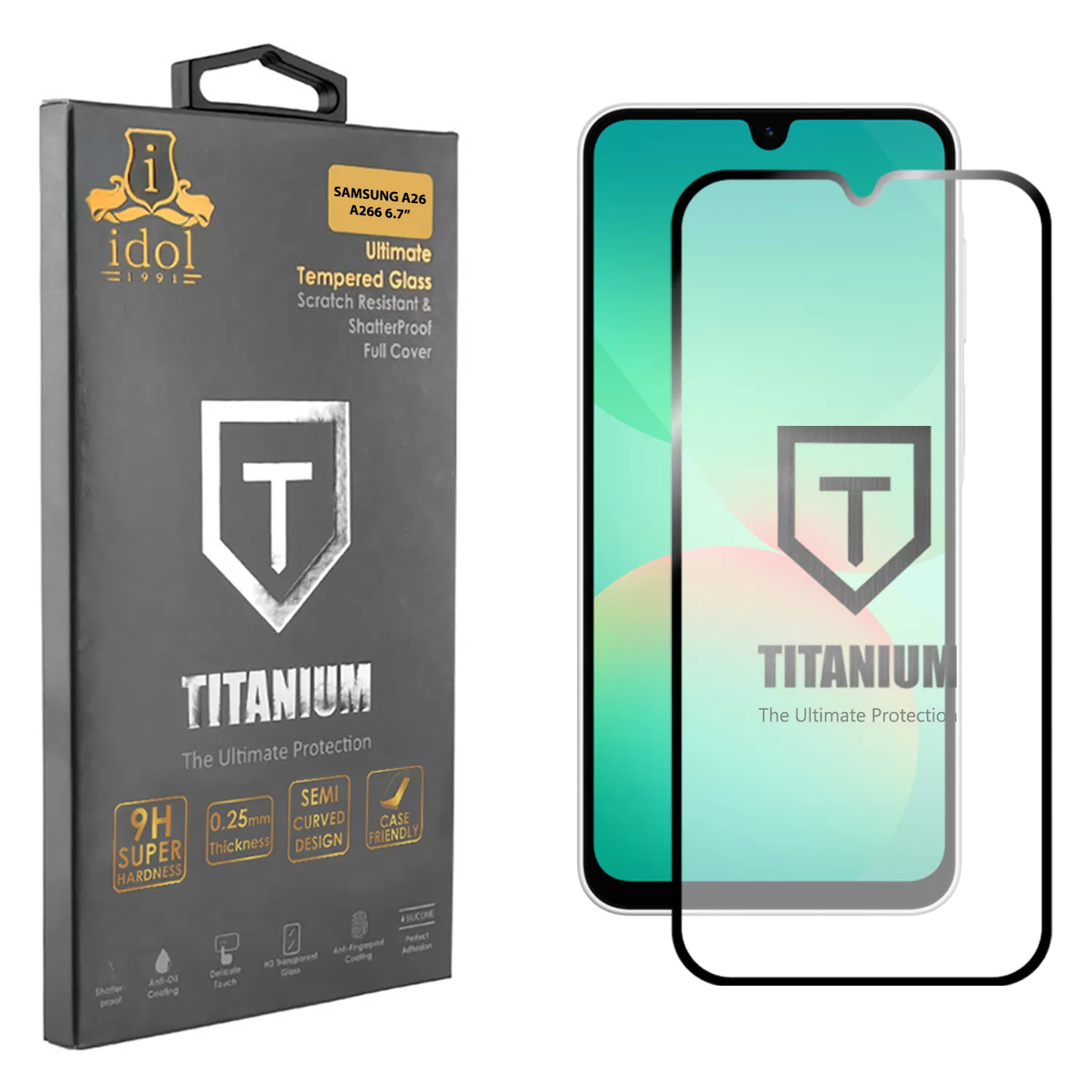IDOL 1991 TITANIUM TEMPERED GLASS SAMSUNG A26 A266 6.7in 9H 0.25mm SEMI CURVED FULL GLUE BLACK