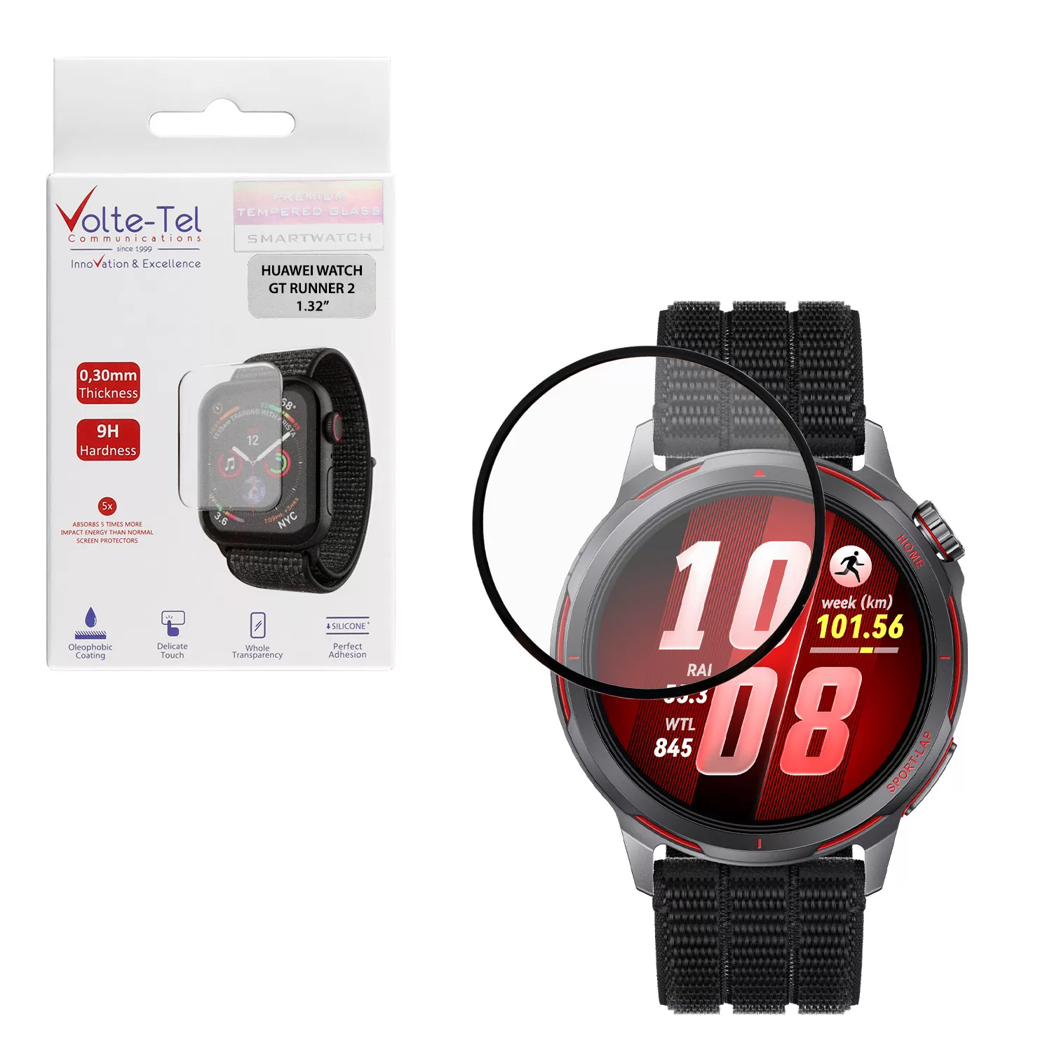 VOLTE-TEL PLEXI TEMPERED GLASS HUAWEI WATCH GT RUNNER 2 43.5mm 3D EDGE 1.32in 0.30mm FULL GLUE FULL COVER BLACK