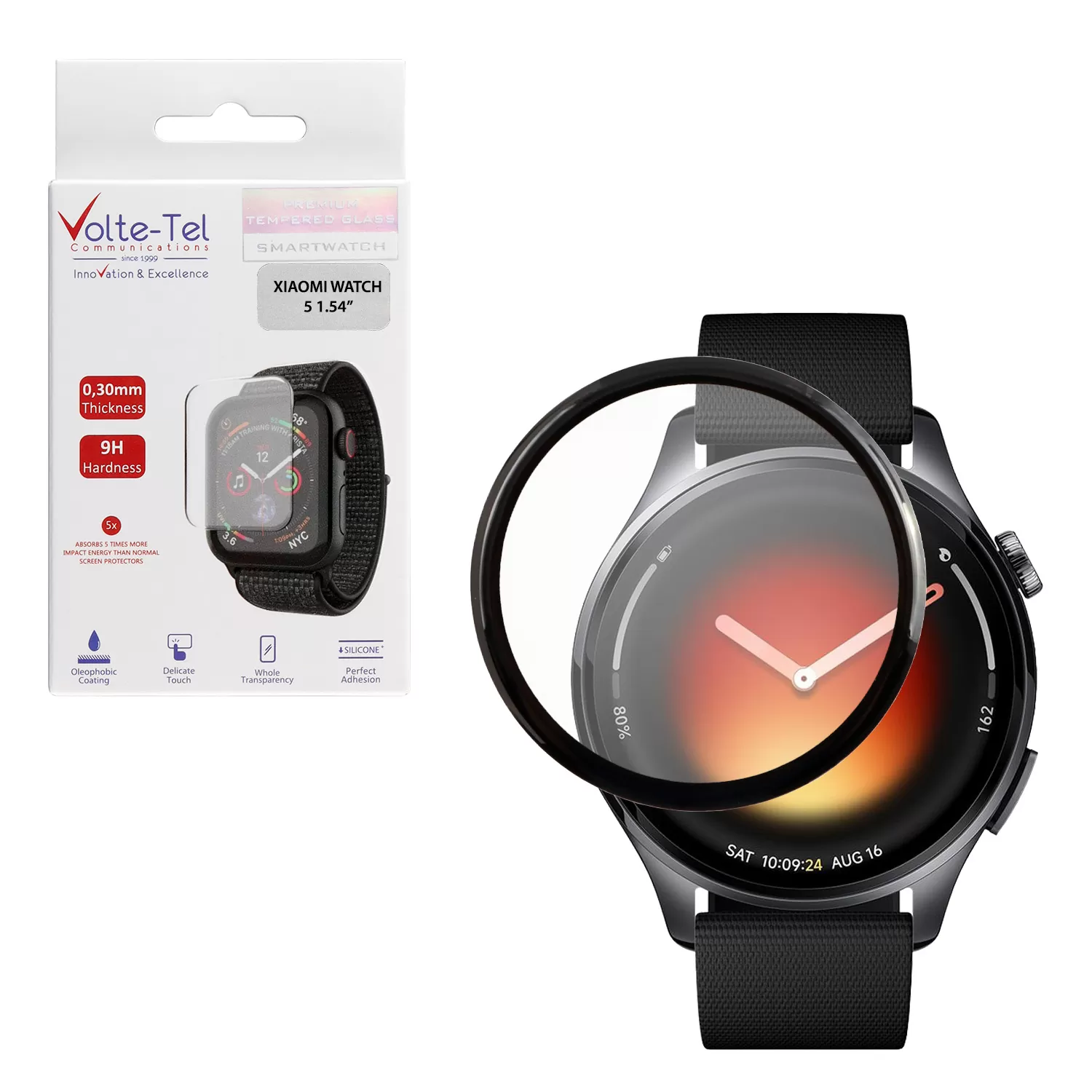 VOLTE-TEL PLEXI TEMPERED GLASS XIAOMI WATCH 5 47mm 1.54in 3D EDGE 0.30mm FULL GLUE FULL COVER BLACK