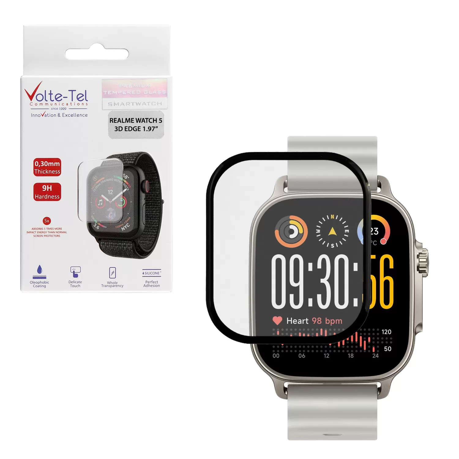 VOLTE-TEL PLEXI TEMPERED GLASS REALME WATCH 5 3D EDGE 1.97in 0.30mm FULL GLUE FULL COVER BLACK