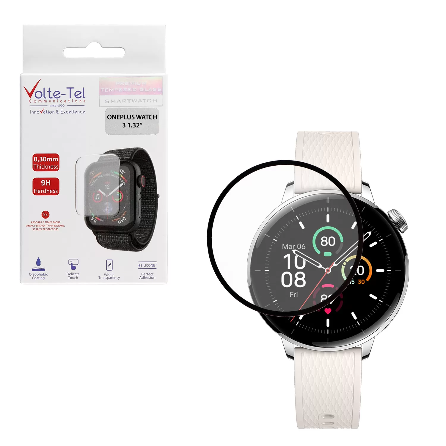 VOLTE-TEL PLEXI TEMPERED GLASS ONEPLUS WATCH 3 43MM 3D EDGE 1.32in 0.30mm FULL GLUE FULL COVER BLACK