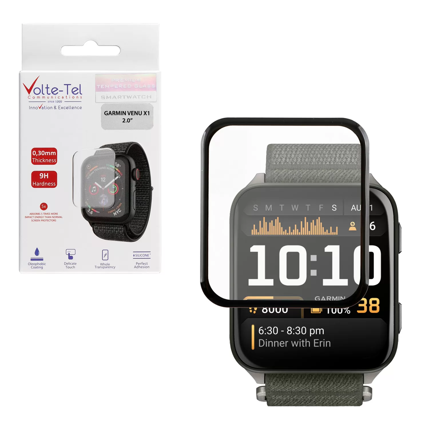 VOLTE-TEL PLEXI TEMPERED GLASS GARMIN VENU X1 46mm 3D EDGE 2.0in 0.30mm FULL GLUE FULL COVER BLACK