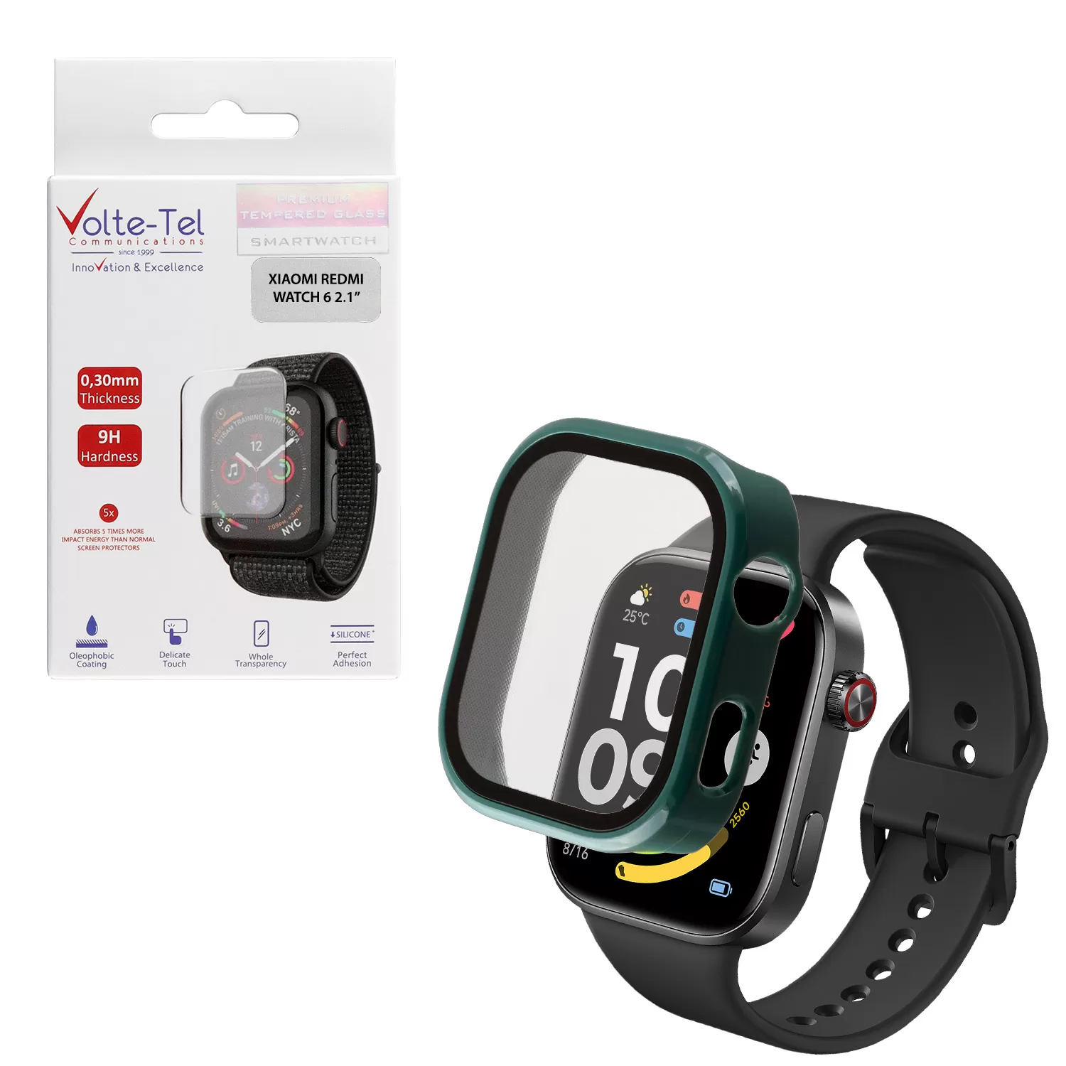 VOLTE-TEL PC EDGE COVER TEMPERED GLASS XIAOMI REDMI WATCH 6 2.1in 9H 0.30mm 3D FULL GLUE FULL COVER GREEN