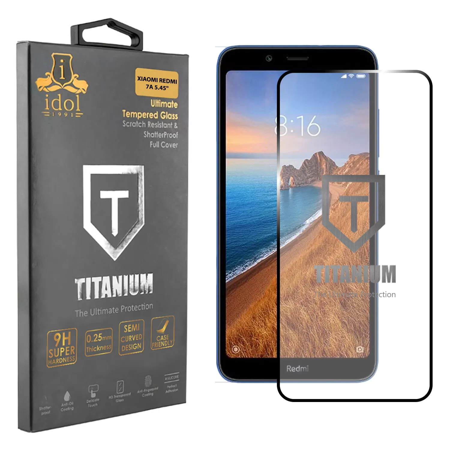 IDOL 1991 TITANIUM TEMPERED GLASS XIAOMI REDMI 7A 5.45in 9H 0.25mm  SEMI CURVED FULL GLUE BLACK