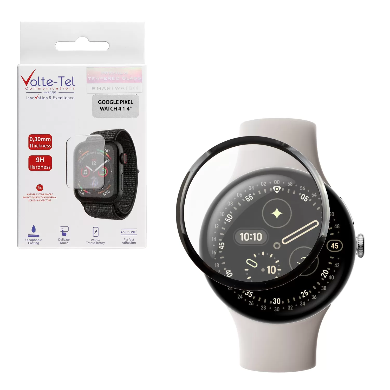 VOLTE-TEL PLEXI TEMPERED GLASS GOOGLE PIXEL WATCH 4 45mm 3D EDGE 1.4in 0.30mm FULL GLUE FULL COVER BLACK