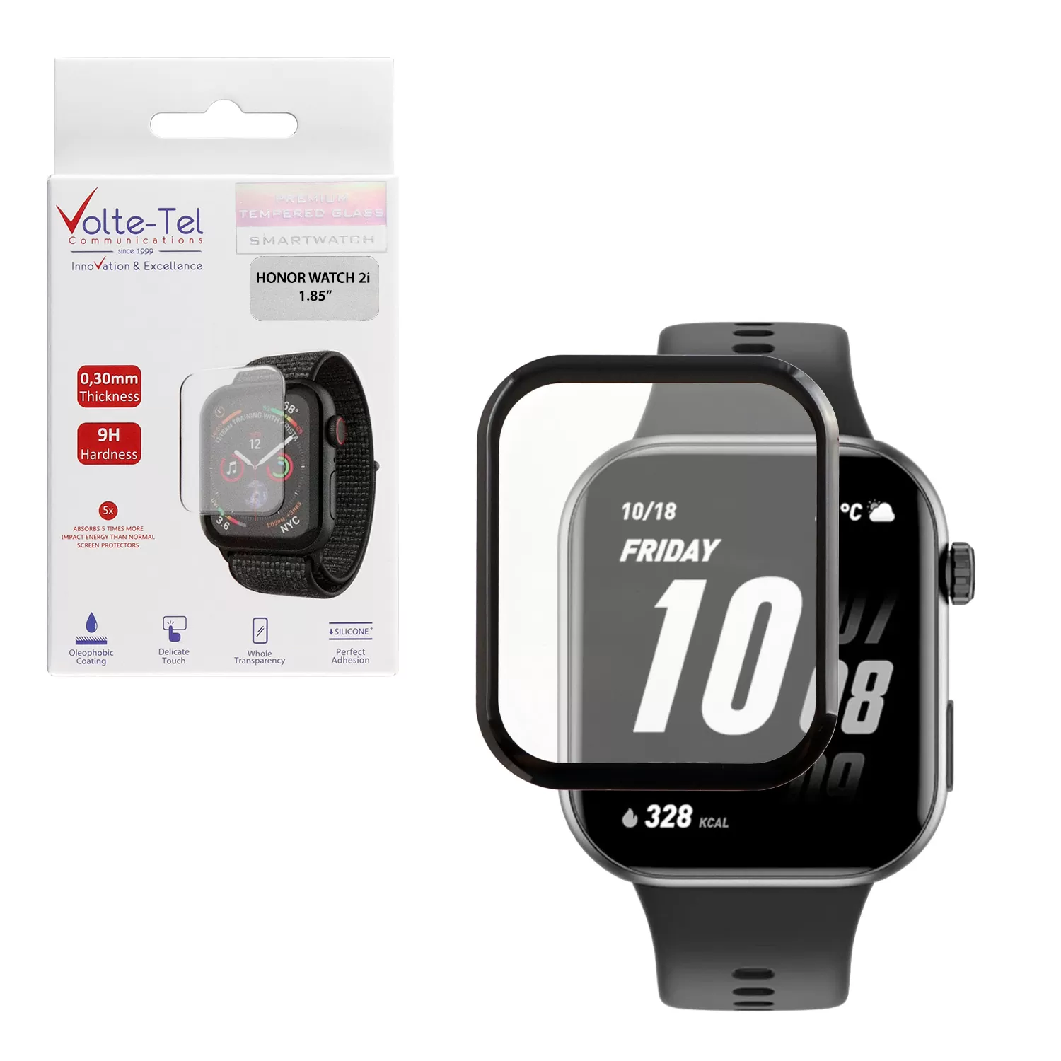 VOLTE-TEL PLEXI TEMPERED GLASS HONOR WATCH 2i 45mm 3D EDGE 1.85in 0.30mm FULL GLUE FULL COVER BLACK