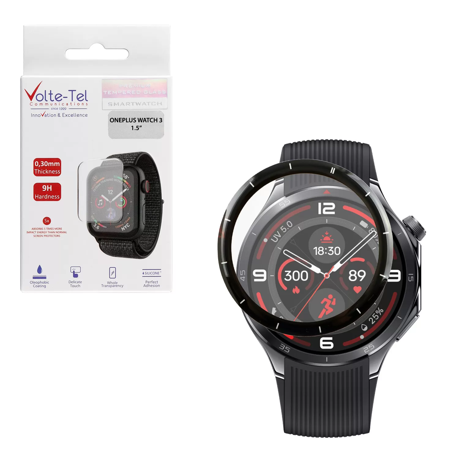 VOLTE-TEL PLEXI TEMPERED GLASS ONEPLUS WATCH 3 46MM 3D EDGE 1.5in 0.30mm FULL GLUE FULL COVER BLACK