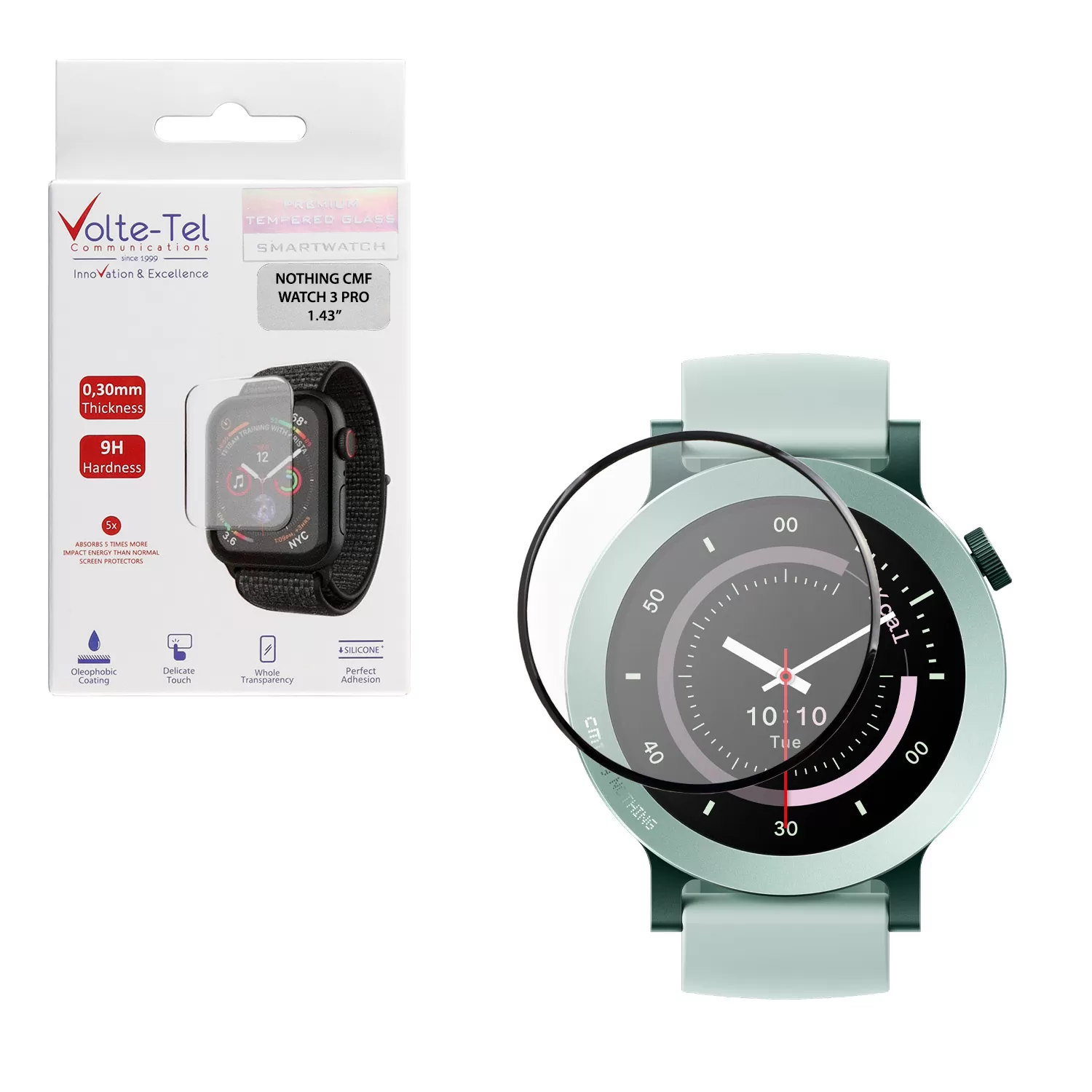 VOLTE-TEL PLEXI TEMPERED GLASS NOTHING CMF WATCH 3 PRO 47MM 3D EDGE 1.43in 0.30mm FULL GLUE FULL COVER BLACK