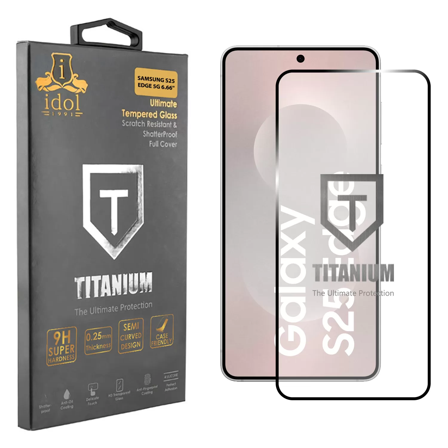 IDOL 1991 TITANIUM TEMPERED GLASS SAMSUNG S25 EDGE 5G 6.66in 9H 0.20mm  SEMI CURVED FULL GLUE ULTRA THIN BLACK