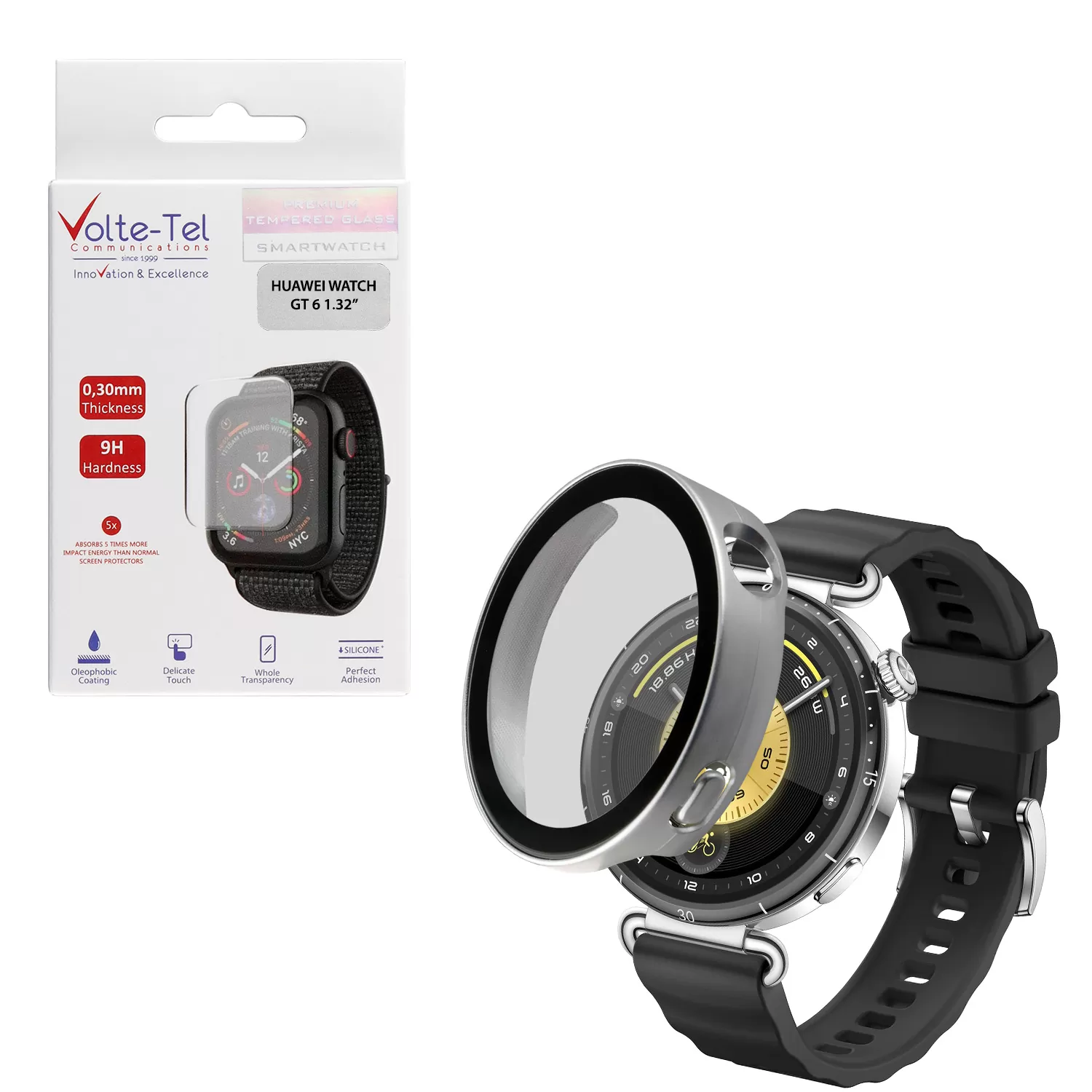 VOLTE-TEL PC EDGE COVER TEMPERED GLASS HUAWEI WATCH GT 6 41mm 1.32in 9H 0.30mm 3D FULL GLUE FULL COVER SILVER