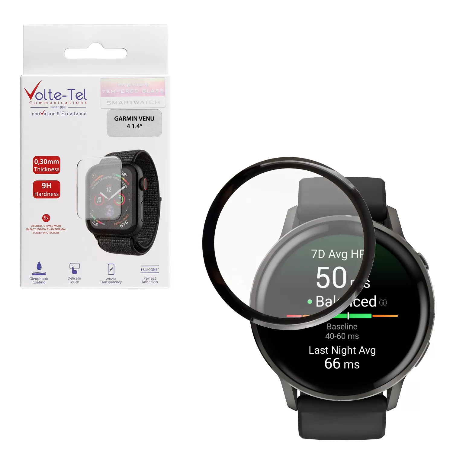 VOLTE-TEL PLEXI TEMPERED GLASS GARMIN VENU 4 45mm 3D EDGE 1.4in 0.30mm FULL GLUE FULL COVER BLACK