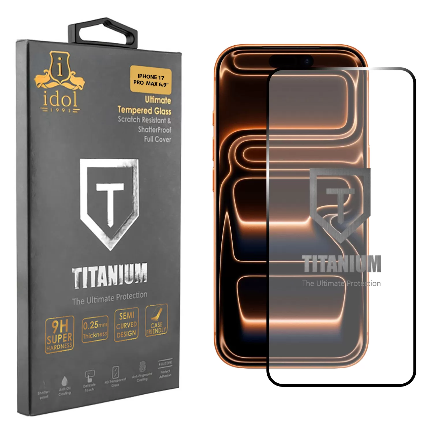 IDOL 1991 TITANIUM TEMPERED GLASS IPHONE 17 PRO MAX 6.9in 9H 0.25mm SEMI CURVED FULL GLUE BLACK