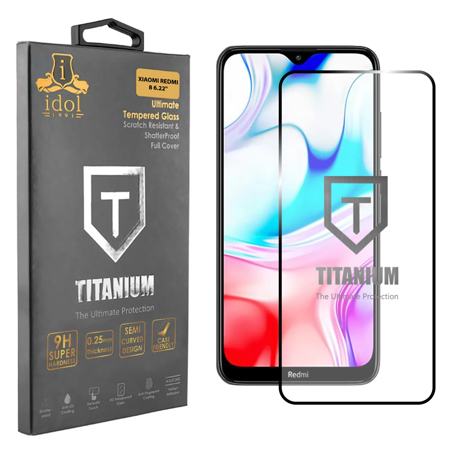 IDOL 1991 TITANIUM TEMPERED GLASS XIAOMI REDMI 8 6.22in 9H 0.25mm  SEMI CURVED FULL GLUE BLACK