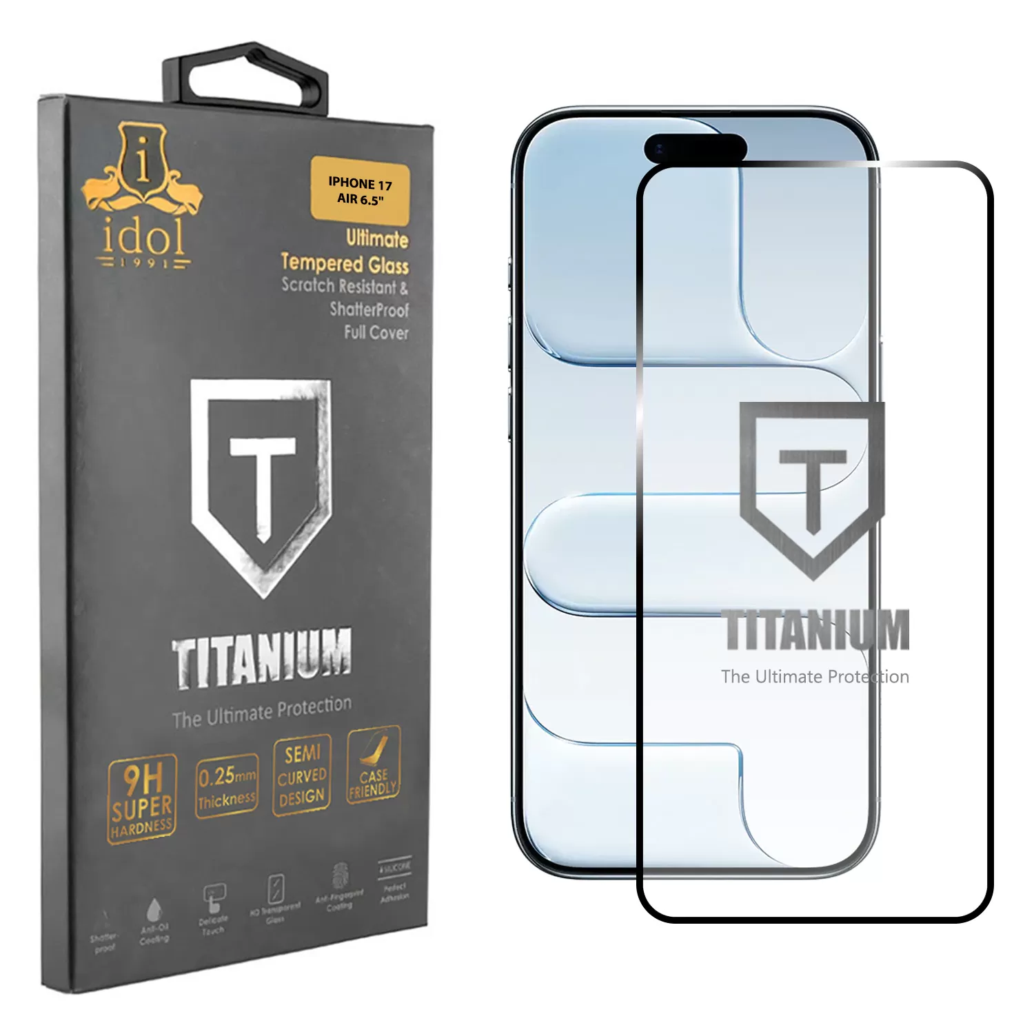 IDOL 1991 TITANIUM TEMPERED GLASS IPHONE 17 AIR 6.5in 9H 0.25mm  SEMI CURVED FULL GLUE BLACK