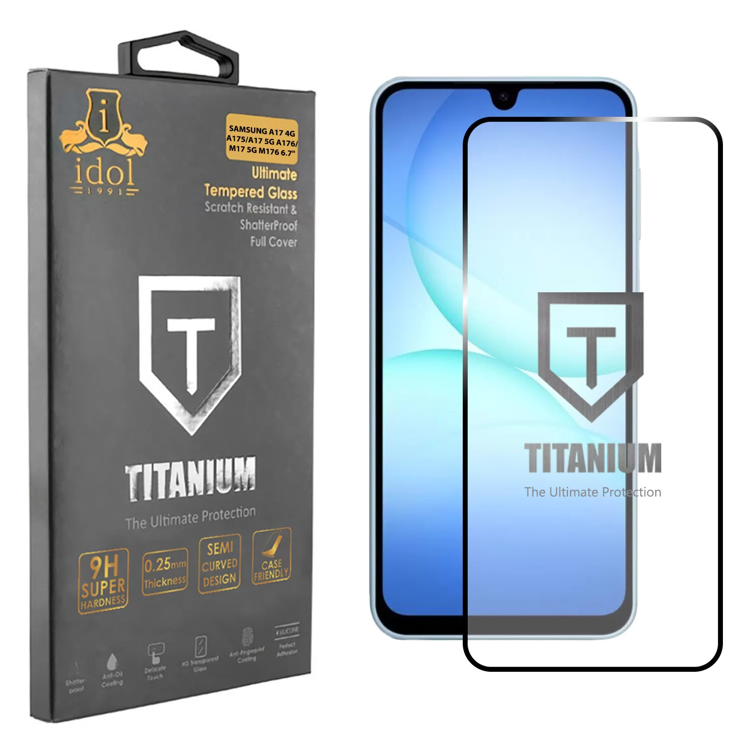 IDOL 1991 TITANIUM TEMPERED GLASS SAMSUNG A17 4G A175/A17 5G A176/M17 5G M176 6.7in 9H 0.25mm SEMI CURVED FULL GLUE BLACK