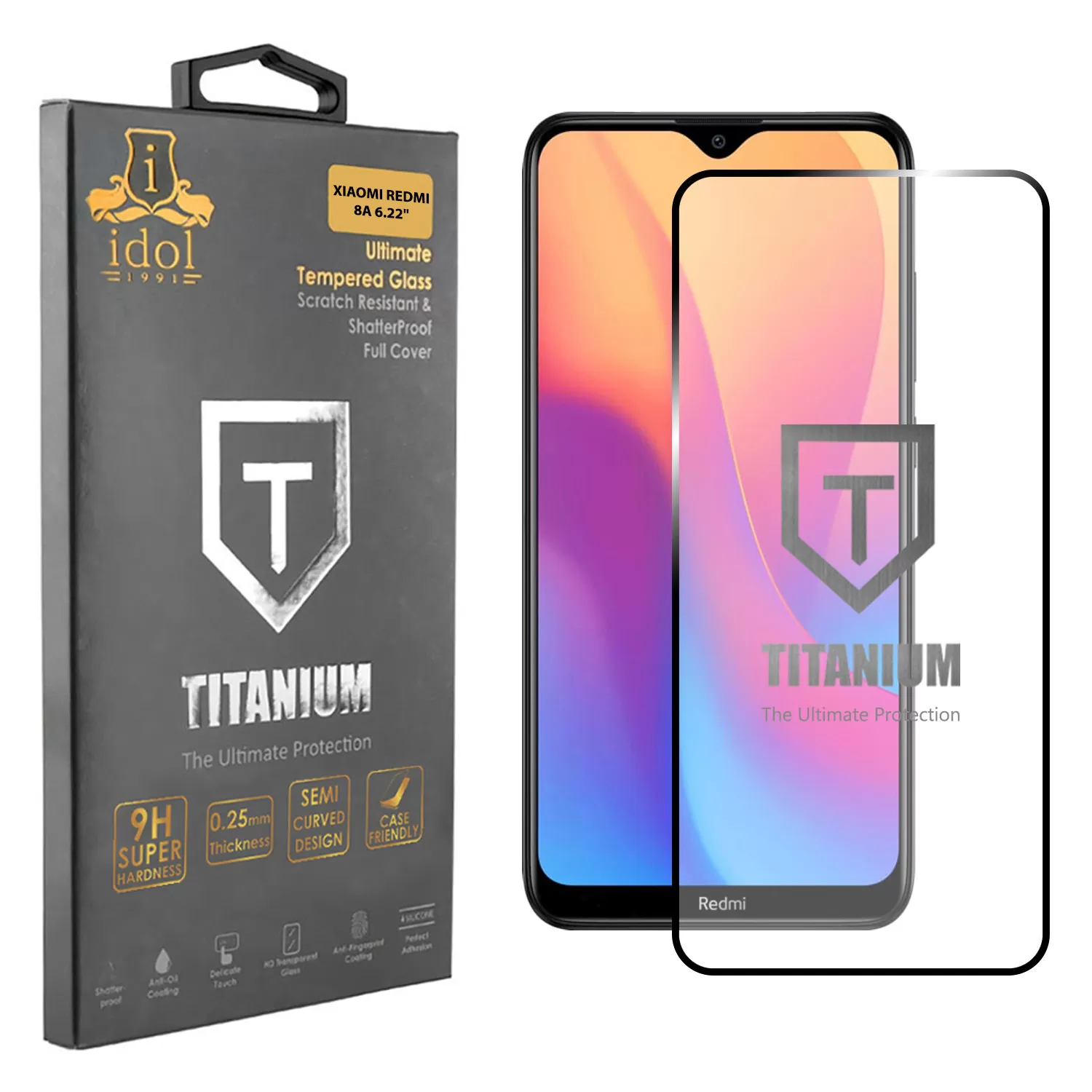 IDOL 1991 TITANIUM TEMPERED GLASS XIAOMI REDMI 8A 6.22in 9H 0.25mm  SEMI CURVED FULL GLUE BLACK