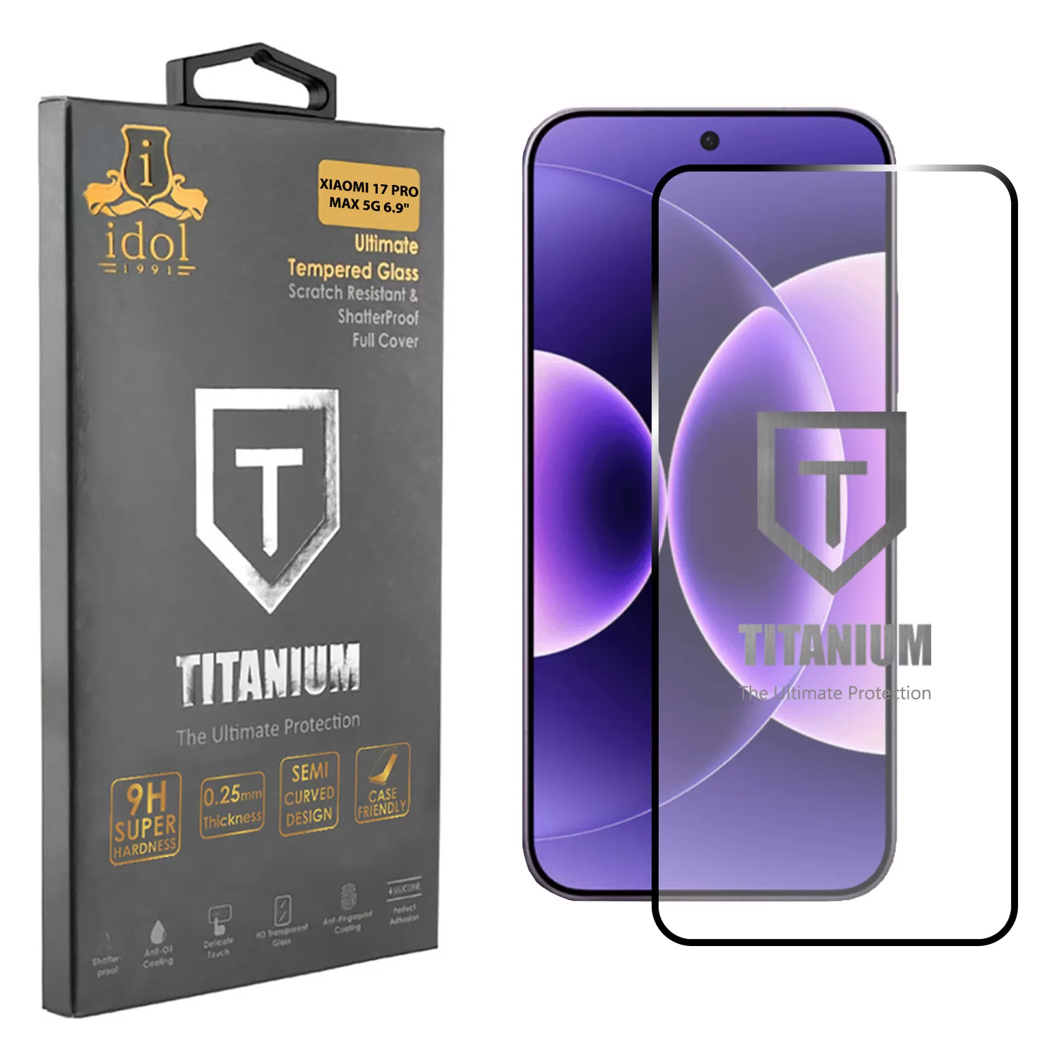 IDOL 1991 TITANIUM TEMPERED GLASS XIAOMI 17 PRO MAX 5G 6.9in 9H 0.25mm  SEMI CURVED FINGER UNLOCK FULL GLUE BLACK