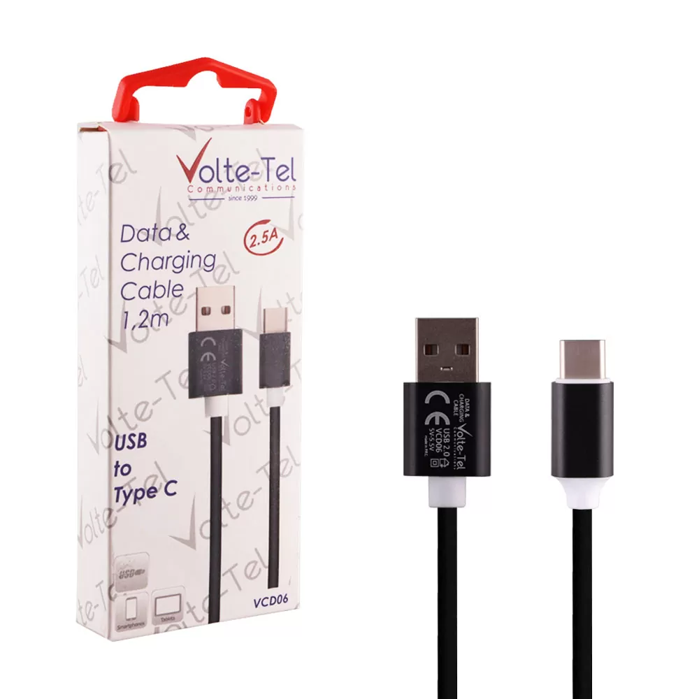 VOLTE-TEL TYPE C->USB 2.0 ALUMINIUM 2.5A ΦΟΡΤΙΣΗΣ-DATA 1.2m VCD06 BLACK