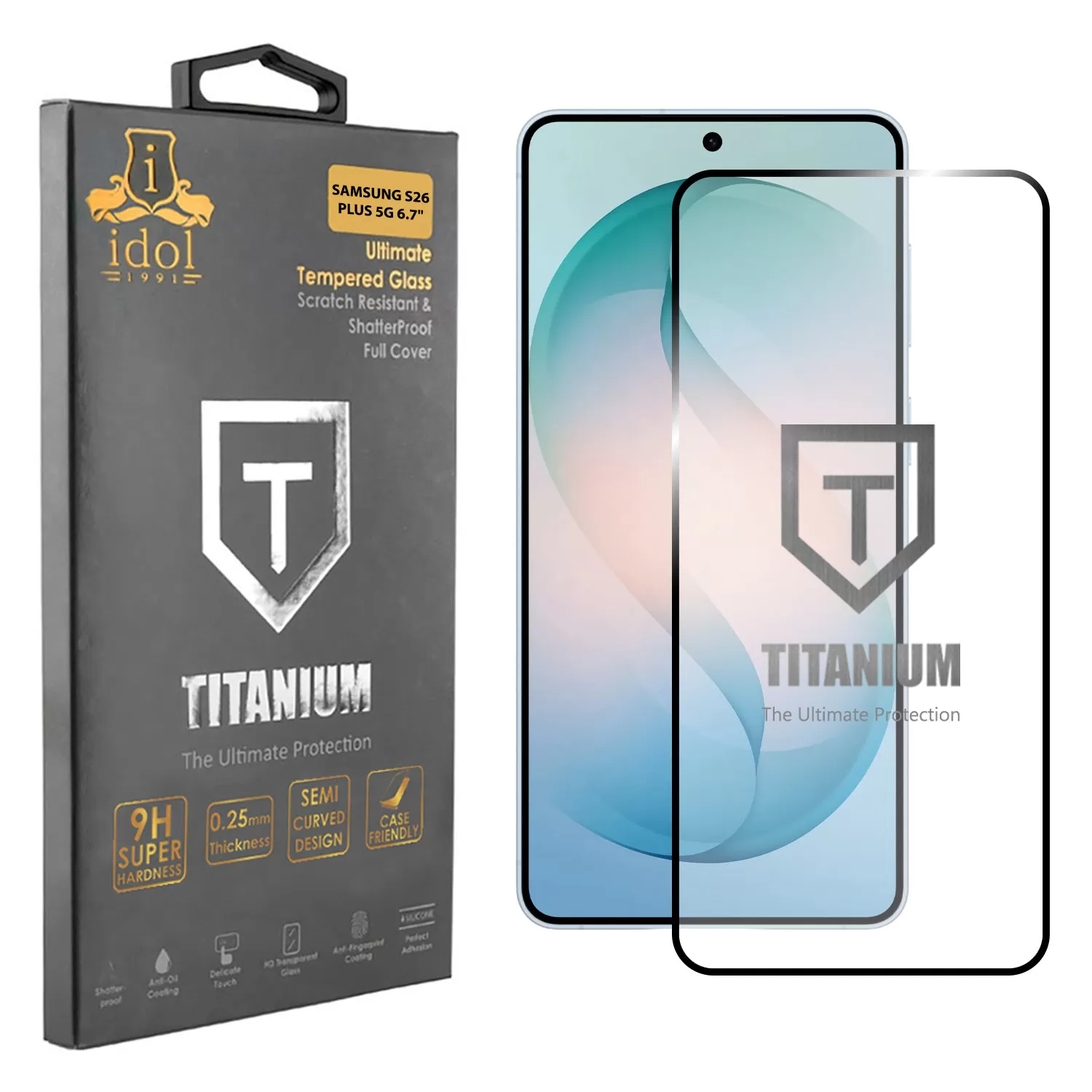 IDOL 1991 TITANIUM TEMPERED GLASS SAMSUNG S26 PLUS 5G 6.7in 9H 0.20mm  SEMI CURVED FINGER UNLOCK FULL GLUE BLACK