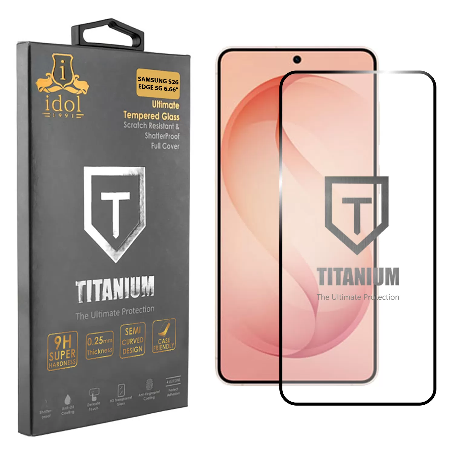 IDOL 1991 TITANIUM TEMPERED GLASS SAMSUNG S26 EDGE 5G 6.66in 9H 0.20mm  SEMI CURVED FINGER UNLOCK FULL GLUE BLACK