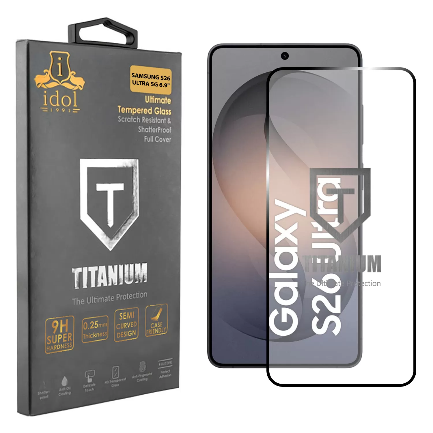 IDOL 1991 TITANIUM TEMPERED GLASS SAMSUNG S26 ULTRA 5G 6.9in 9H 0.20mm  SEMI CURVED FINGER UNLOCK FULL GLUE BLACK
