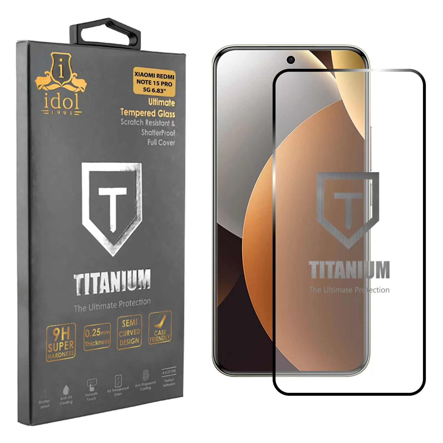 IDOL 1991 TITANIUM TEMPERED GLASS XIAOMI REDMI NOTE 15 PRO 5G 6.83in 9H 0.25mm  SEMI CURVED FINGER UNLOCK FULL GLUE BLACK