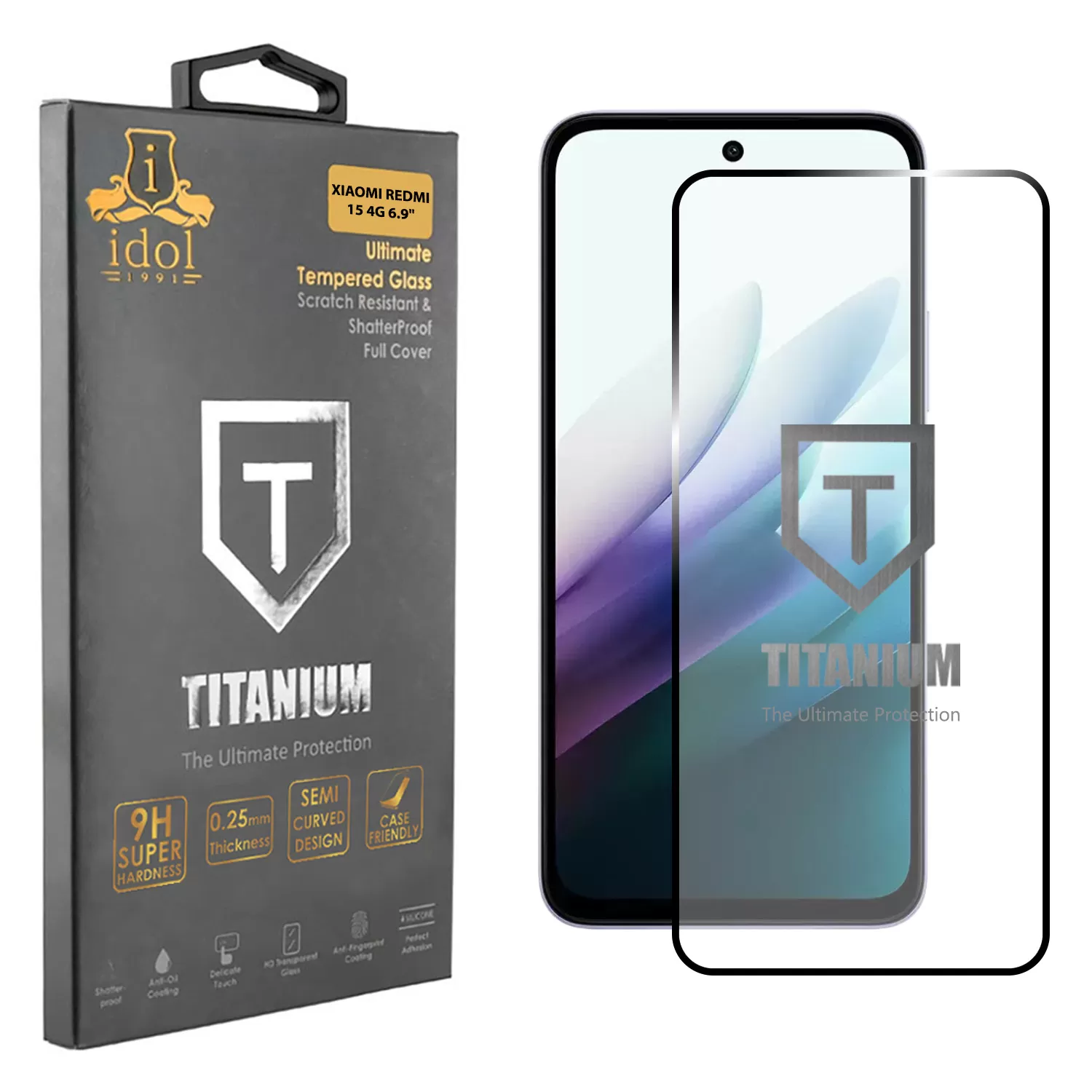 IDOL 1991 TITANIUM TEMPERED GLASS XIAOMI REDMI 15 4G 6.9in 9H 0.25mm  SEMI CURVED FULL GLUE BLACK
