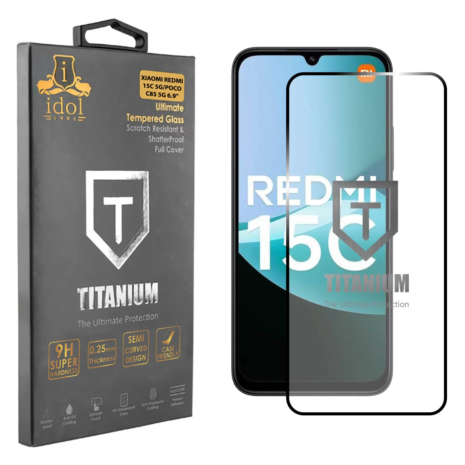 IDOL 1991 TITANIUM TEMPERED GLASS XIAOMI REDMI 15C 5G/POCO C85 5G 6.9in 9H 0.25mm  SEMI CURVED FULL GLUE BLACK