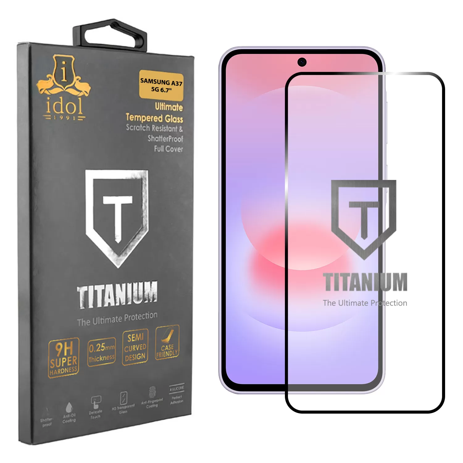 IDOL 1991 TEMPERED GLASS SAMSUNG A37 5G FULL GLUE FINGER UNLOCK TITANIUM <br><br><br>6.7 INCH 9H 0.25mm SEMI CURVED BLACK