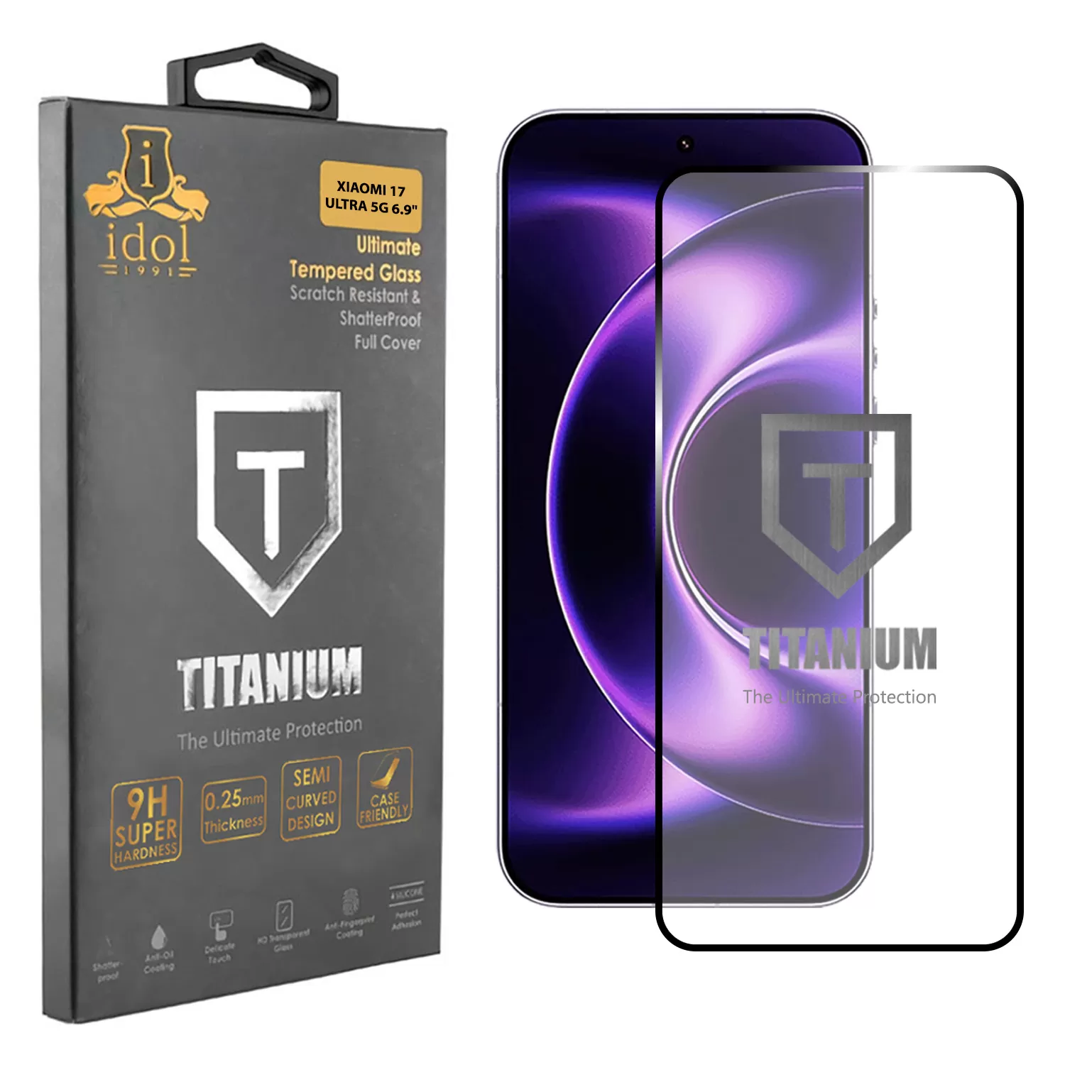 IDOL 1991 TITANIUM TEMPERED GLASS XIAOMI 17 ULTRA 5G FULL GLUE <br><br><br><br>6.9in 9H 0.25mm SEMI CURVED FINGER UNLOCK BLACK