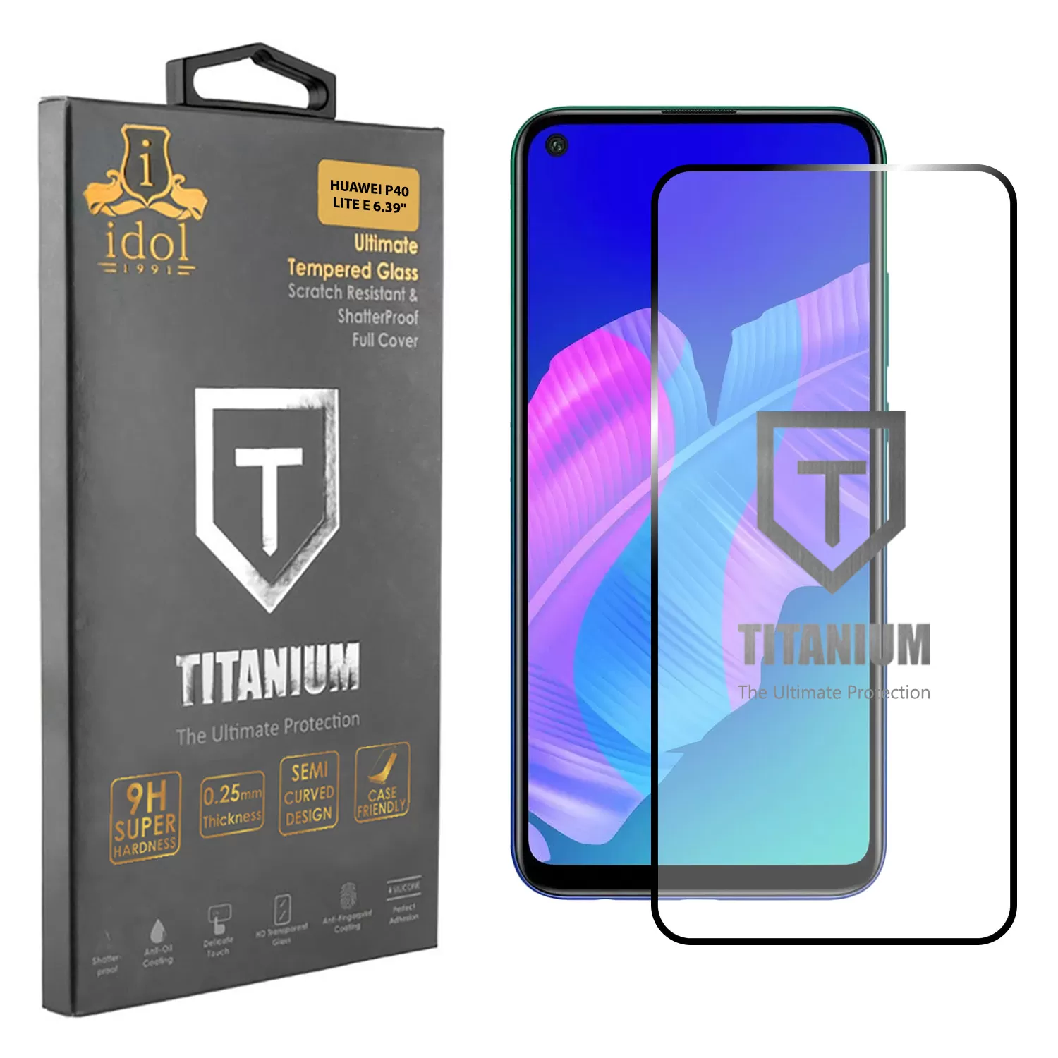 IDOL 1991 TITANIUM TEMPERED GLASS HUAWEI P40 LITE E 6.39in 9H 0.25mm SEMI CURVED FULL GLUE BLACK