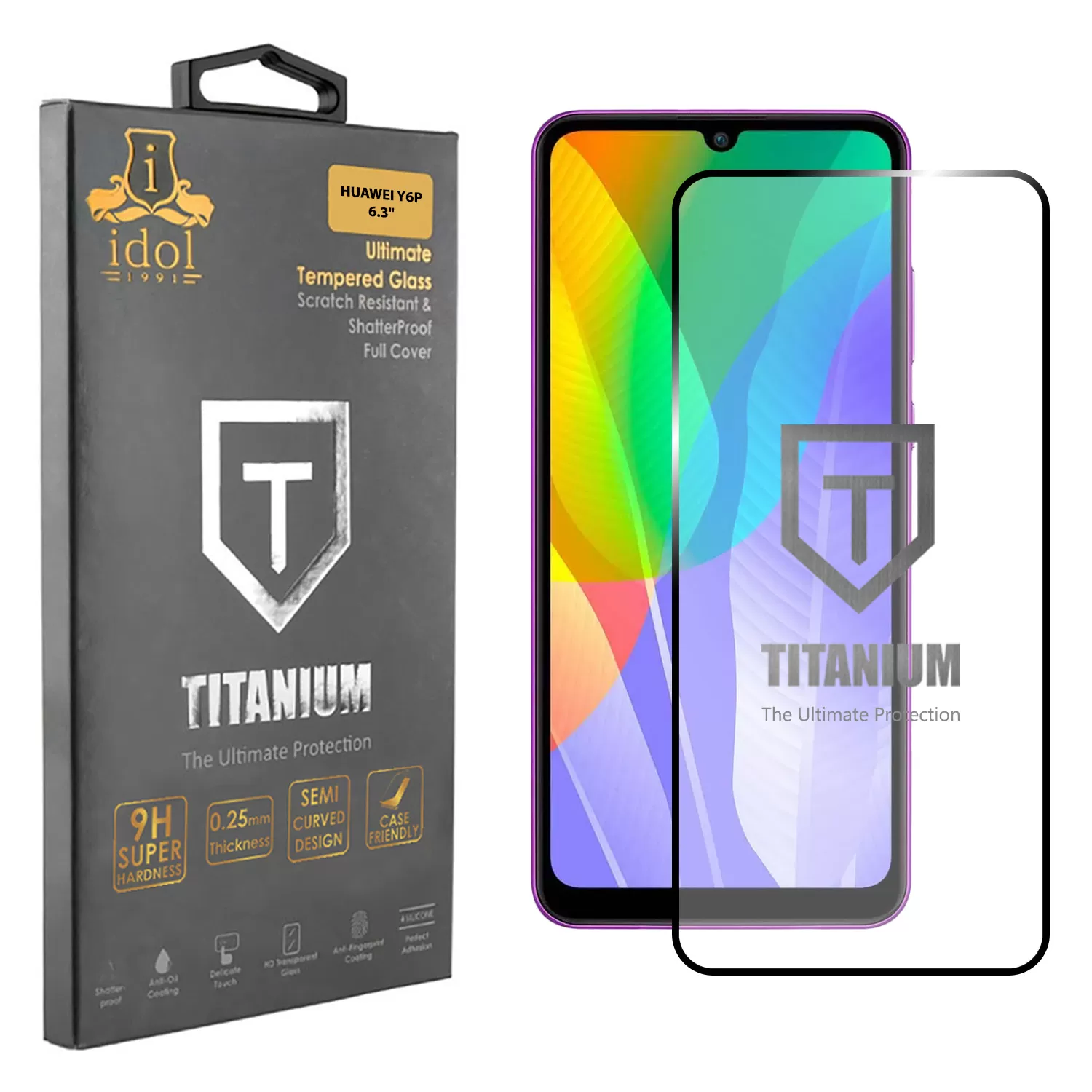 IDOL 1991 TITANIUM TEMPERED GLASS HUAWEI Y6P 6.3in 9H 0.25mm SEMI CURVED FULL GLUE BLACK