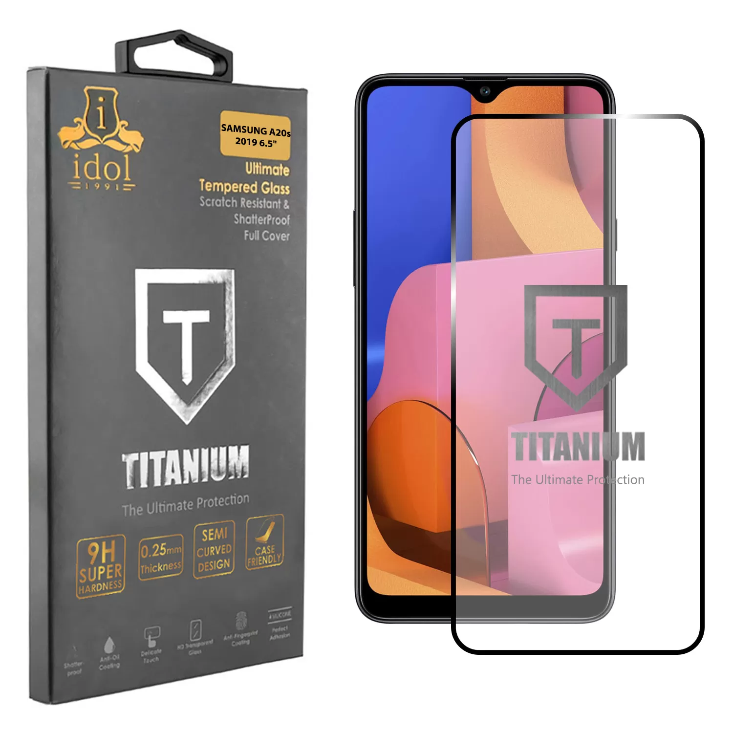 IDOL 1991 TITANIUM TEMPERED GLASS SAMSUNG A20s 2019 A207 6.5in 9H 0.25mm SEMI CURVED FULL GLUE BLACK