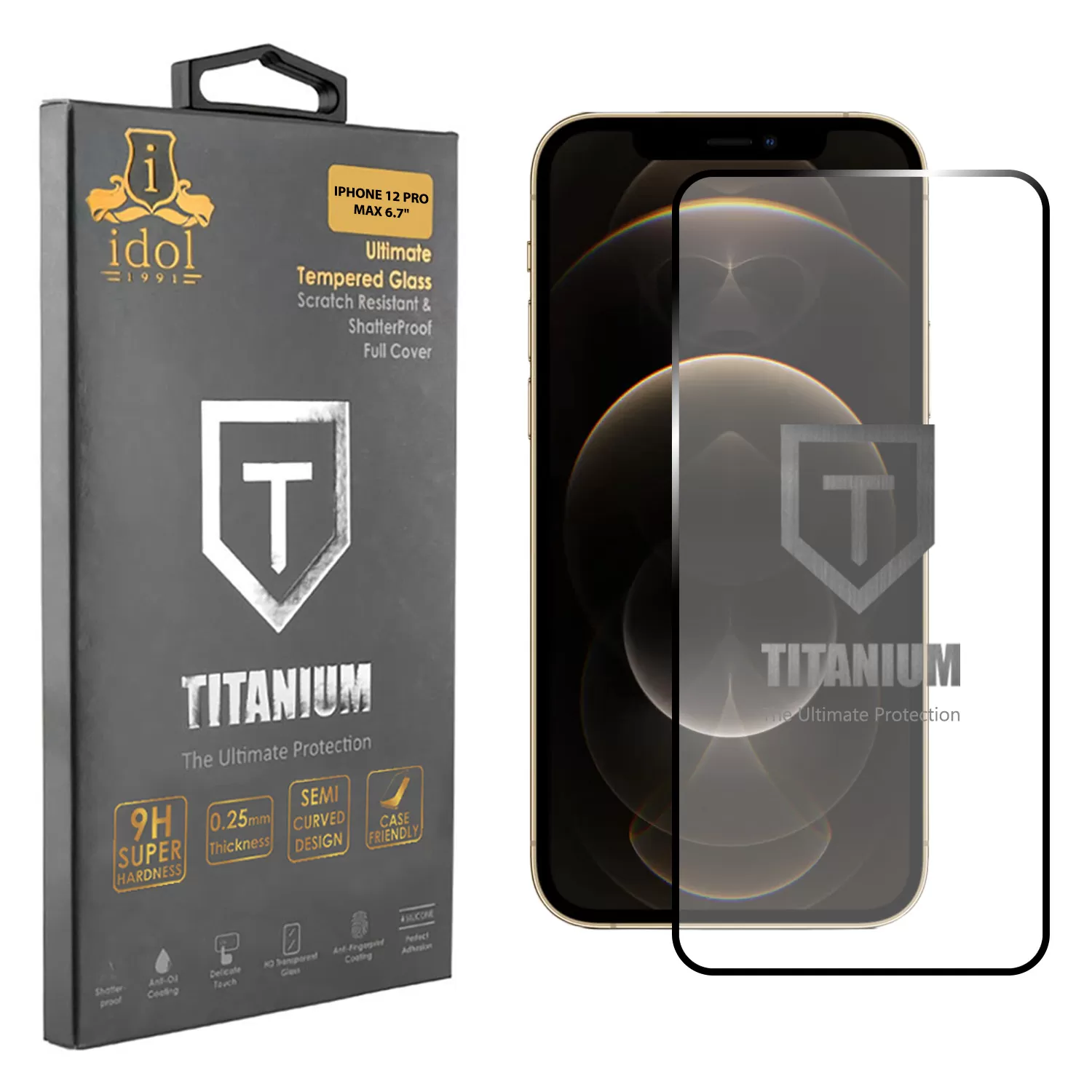IDOL 1991 TITANIUM TEMPERED GLASS IPHONE 12 PRO MAX 6.7in 9H 0.25mm  SEMI CURVED FULL GLUE BLACK
