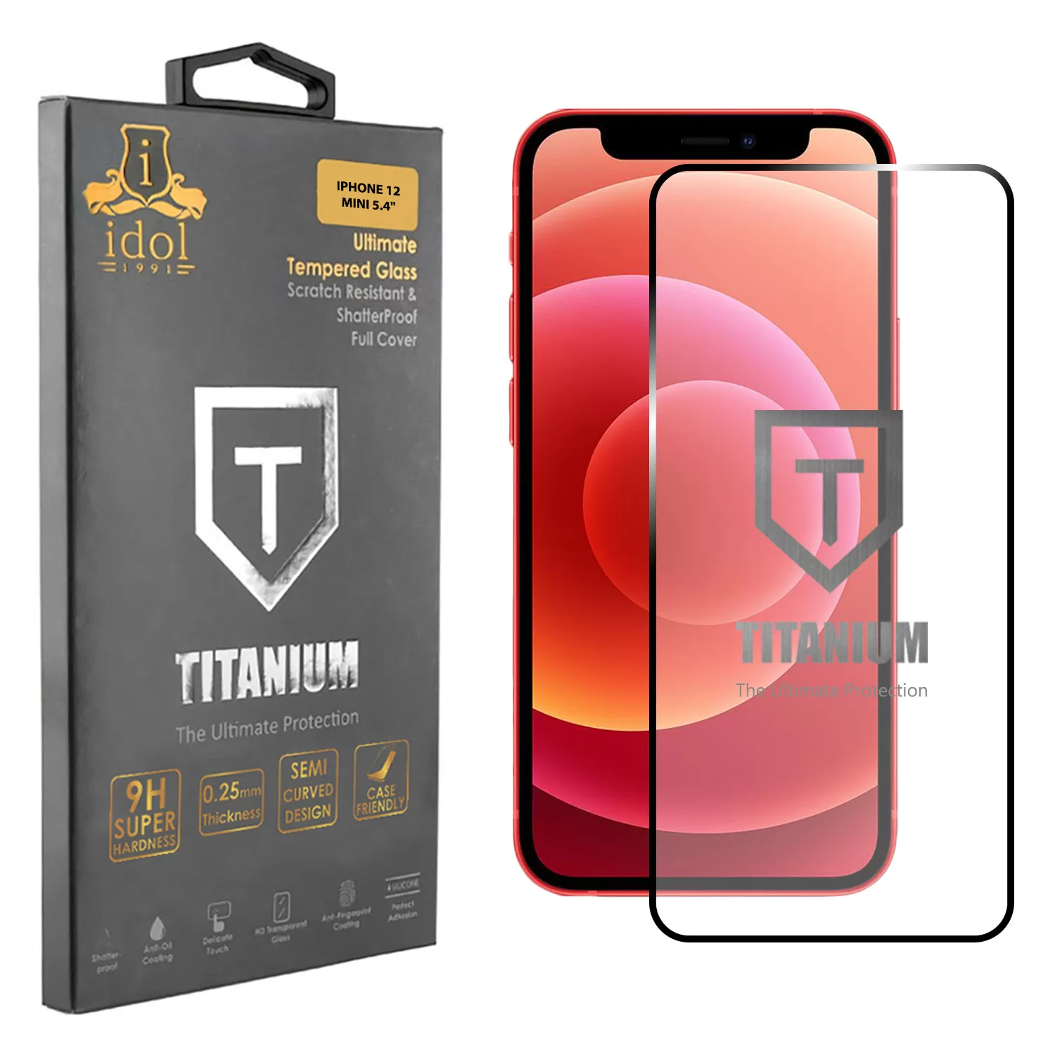 IDOL 1991 TITANIUM TEMPERED GLASS IPHONE 12 MINI 5.4in 9H 0.25mm  SEMI CURVED FULL GLUE BLACK