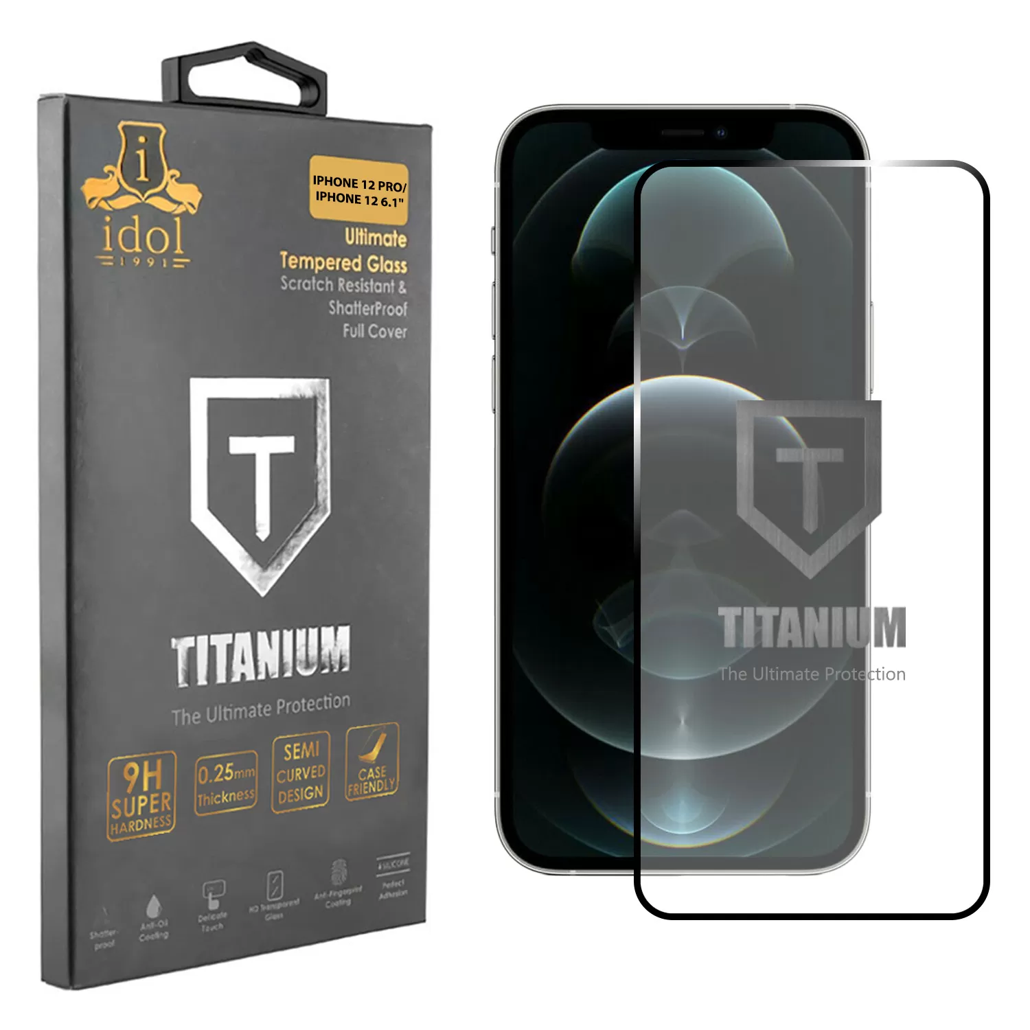 IDOL 1991 TITANIUM TEMPERED GLASS IPHONE 12 PRO / IPHONE 12 6.1in 9H 0.25mm  SEMI CURVED FULL GLUE BLACK