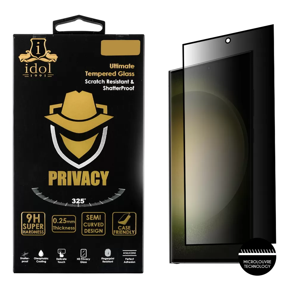 IDOL 1991 PRIVACY ANTISPY TEMPERED GLASS SAMSUNG S23 ULTRA 5G S918 6.8in 9H 0.25mm 3D SEMI CURVED EDGE GLUE BLACK
