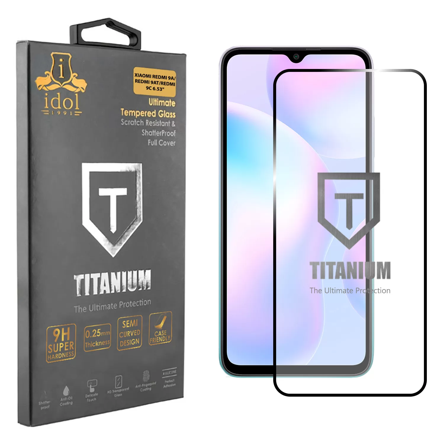 IDOL 1991 TITANIUM TEMPERED GLASS XIAOMI REDMI 9A/REDMI 9AT/REDMI 9C 6.53in 9H 0.25mm SEMI CURVED FULL GLUE BLACK